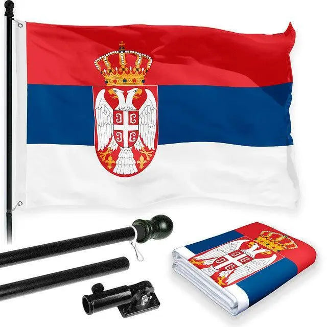 G128 Combo Pack: 6 Feet Tangle Free Spinning Flagpole (Black) Serbia Serbian Flag 3x5 ft Printed 150D Brass Grommets (Flag Included) Aluminum Flag Pole G128