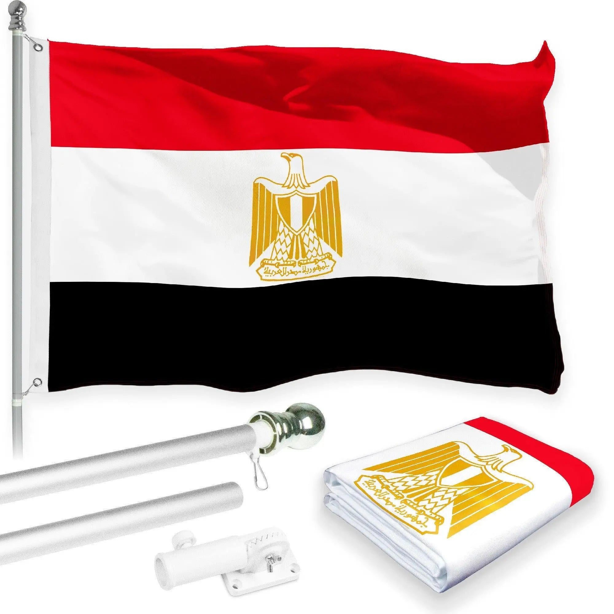 G128 Combo Pack: 6 Feet Tangle Free Spinning Flagpole (Silver) Egypt Egyptian Flag 3x5 ft Printed 150D Brass Grommets (Flag Included) Aluminum Flag Pole G128