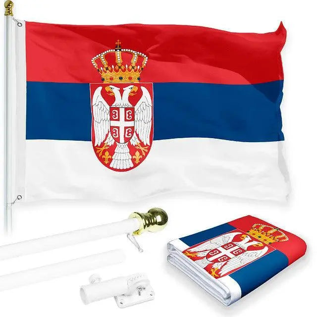 G128 Combo Pack: 6 Feet Tangle Free Spinning Flagpole (White) Serbia Serbian Flag 3x5 ft Printed 150D Brass Grommets (Flag Included) Aluminum Flag Pole G128
