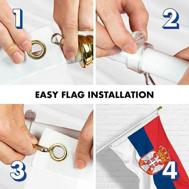 G128 Combo Pack: 6 Feet Tangle Free Spinning Flagpole (White) Serbia Serbian Flag 3x5 ft Printed 150D Brass Grommets (Flag Included) Aluminum Flag Pole G128