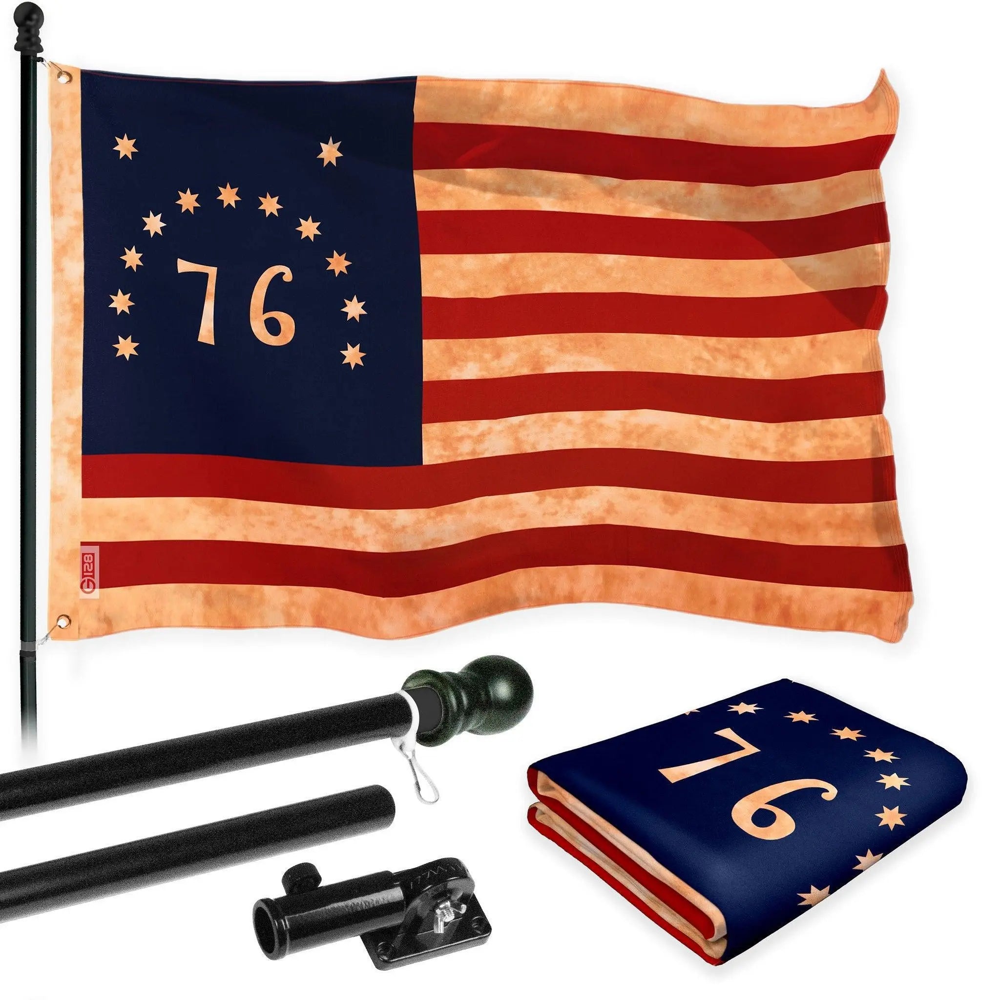 G128 Combo Pack: 6 Ft Tangle Free Aluminum Spinning Flagpole (Black) & Bennington 76 Tea-Stained Flag 3x5 Ft, LiteWeave Pro Series Printed 300D Polyester | Pole with Flag Included G128