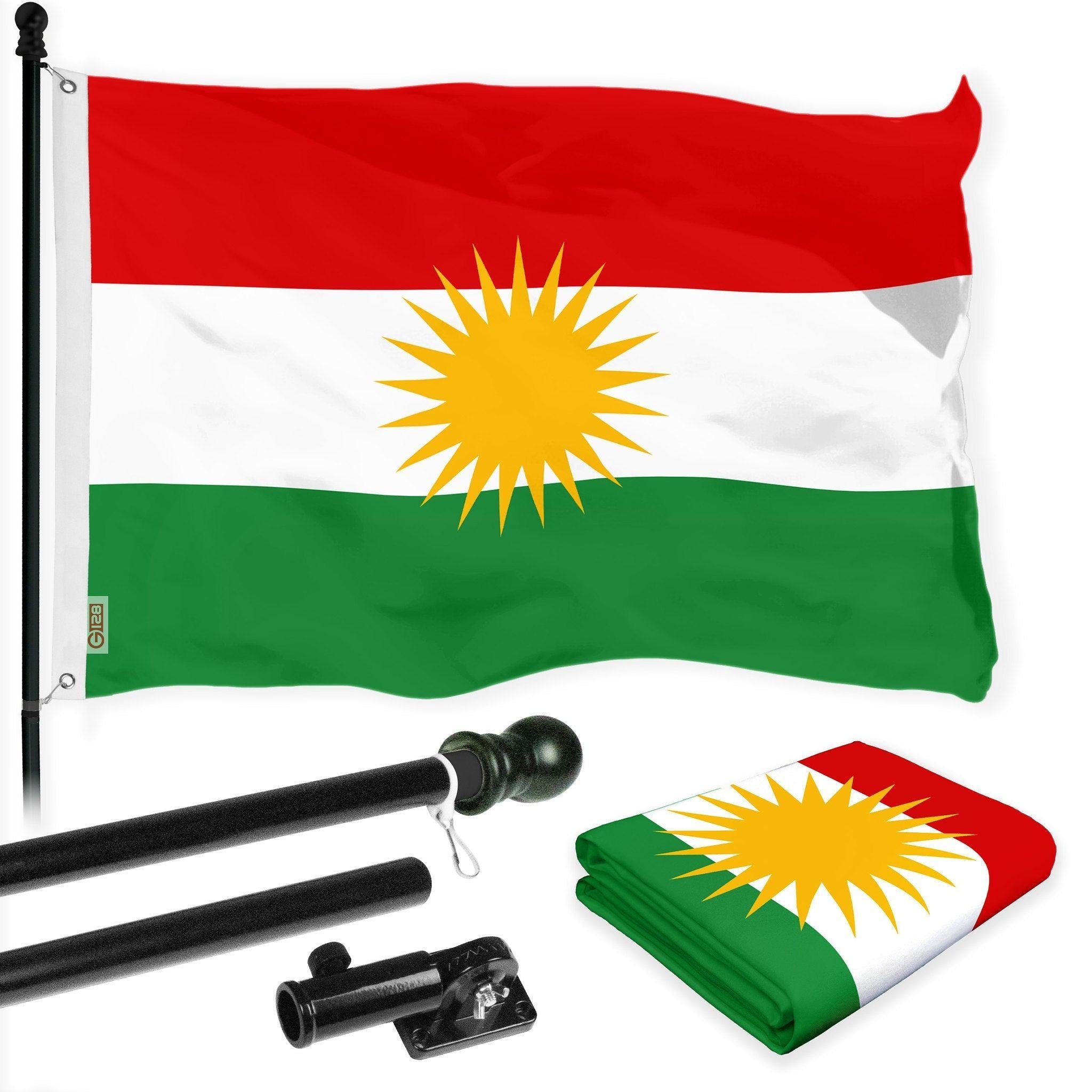 G128 Combo Pack: 6 Ft Tangle Free Aluminum Spinning Flagpole (Black) & Kurdistan Region Flag 3x5 Ft, LiteWeave Pro Series Printed 150D Polyester | Pole with Flag Included G128