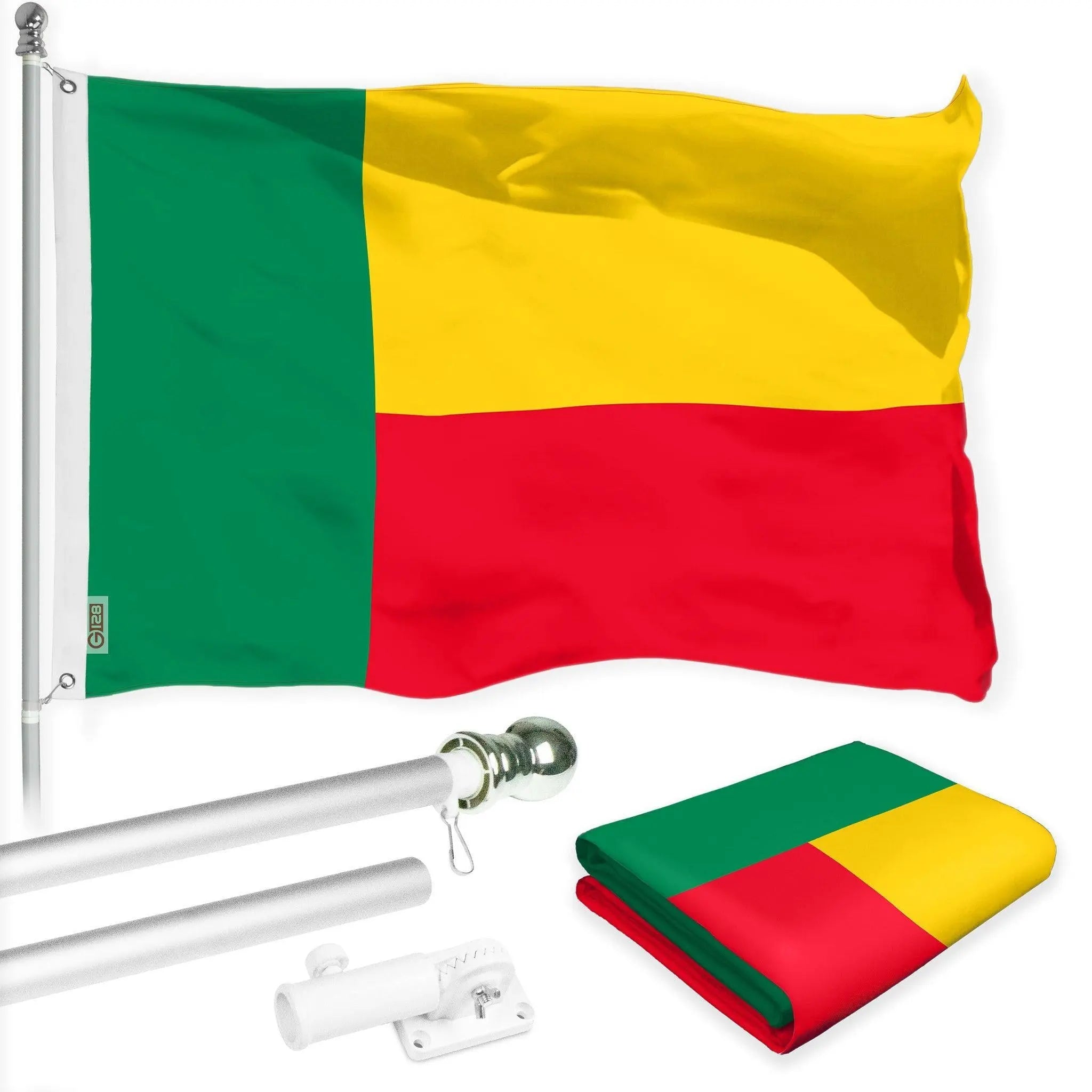 G128 Combo Pack: 6 Ft Tangle Free Aluminum Spinning Flagpole (Silver) & Benin Beninese Flag 3x5 Ft, LiteWeave Pro Series Printed 150D Polyester | Pole with Flag Included G128
