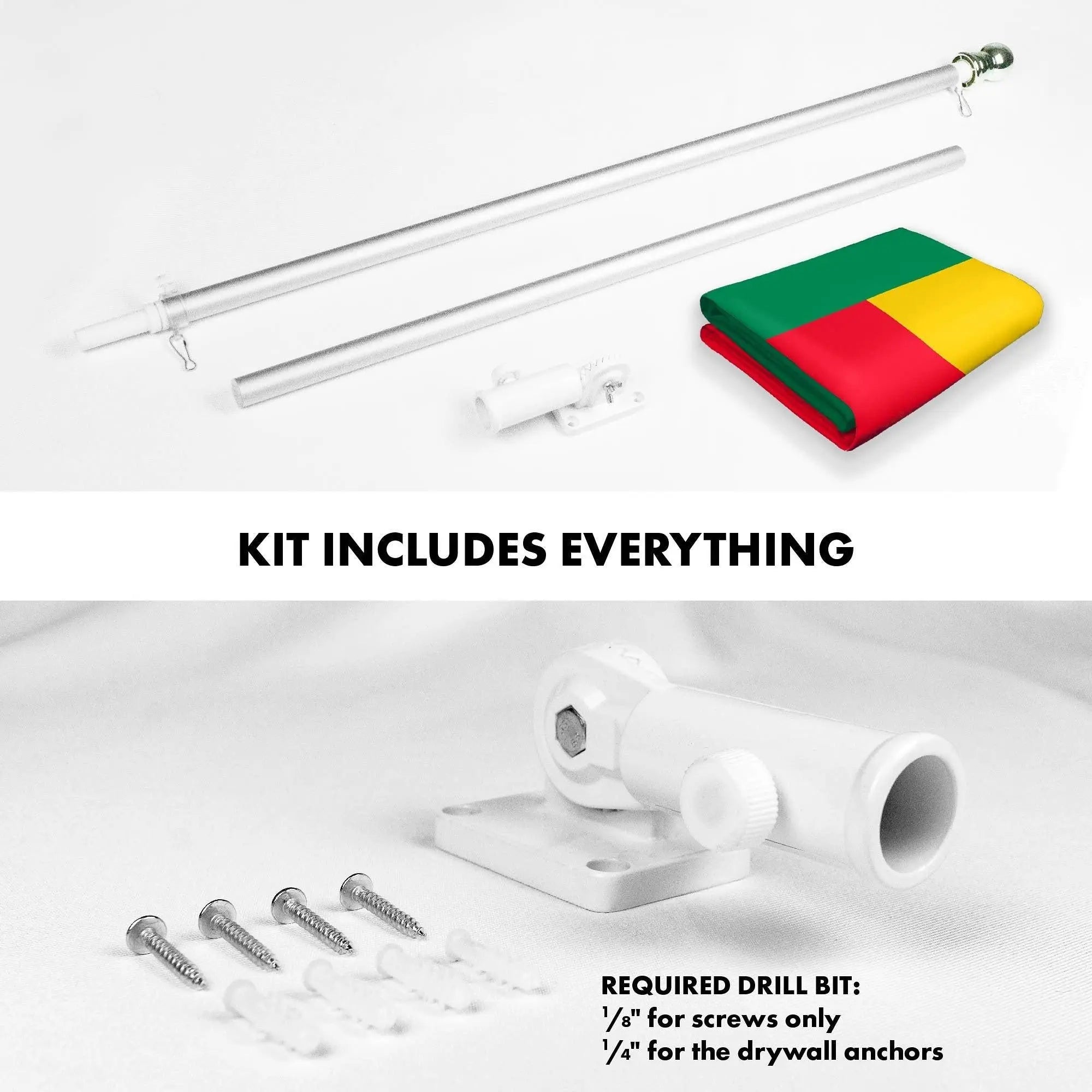 G128 Combo Pack: 6 Ft Tangle Free Aluminum Spinning Flagpole (Silver) & Benin Beninese Flag 3x5 Ft, LiteWeave Pro Series Printed 150D Polyester | Pole with Flag Included G128