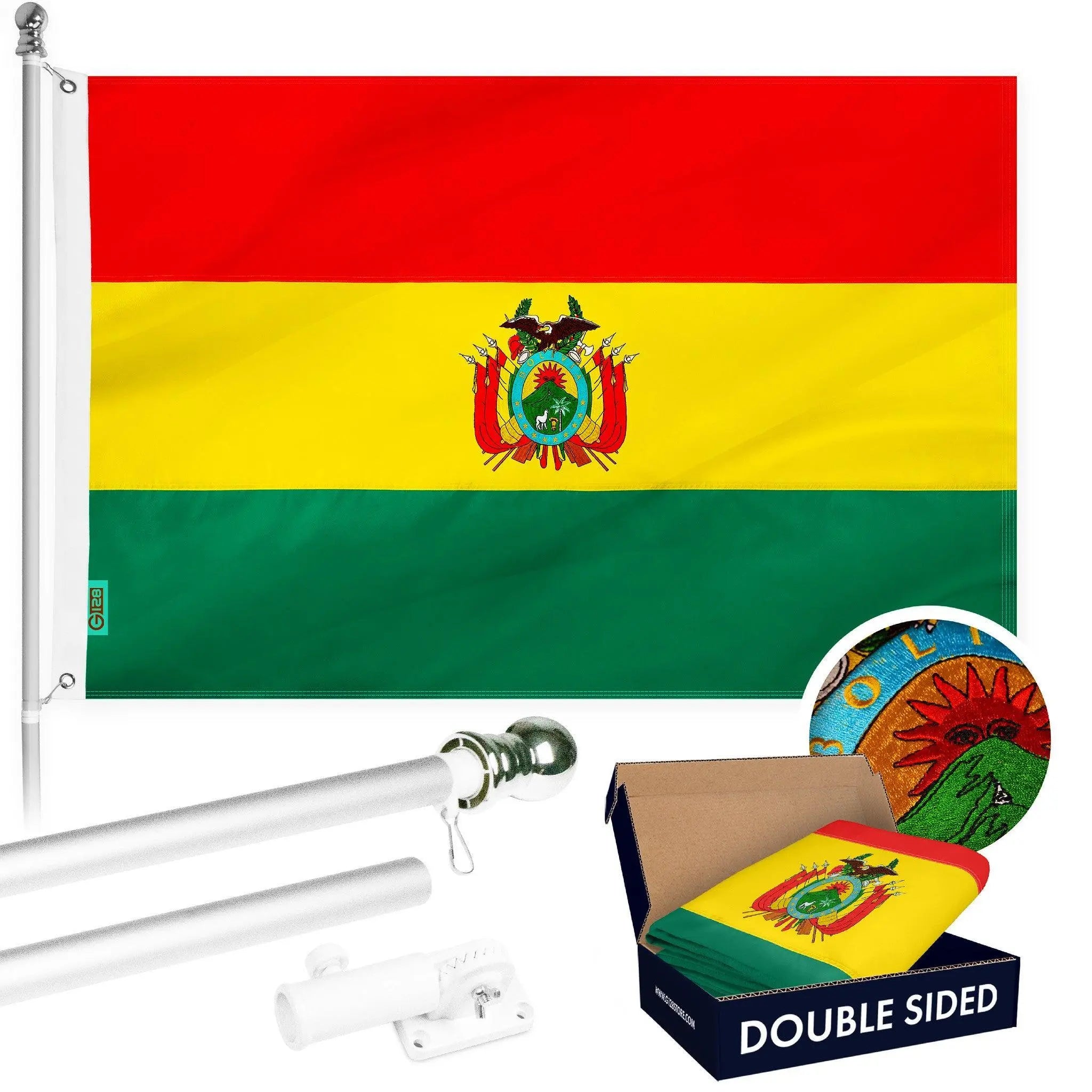 G128 Combo Pack: 6 Ft Tangle Free Aluminum Spinning Flagpole (Silver) & Bolivia Flag 3x5 Ft, Double ToughWeave Series Double Sided Embroidered 210D Polyester | Pole with Flag Included G128