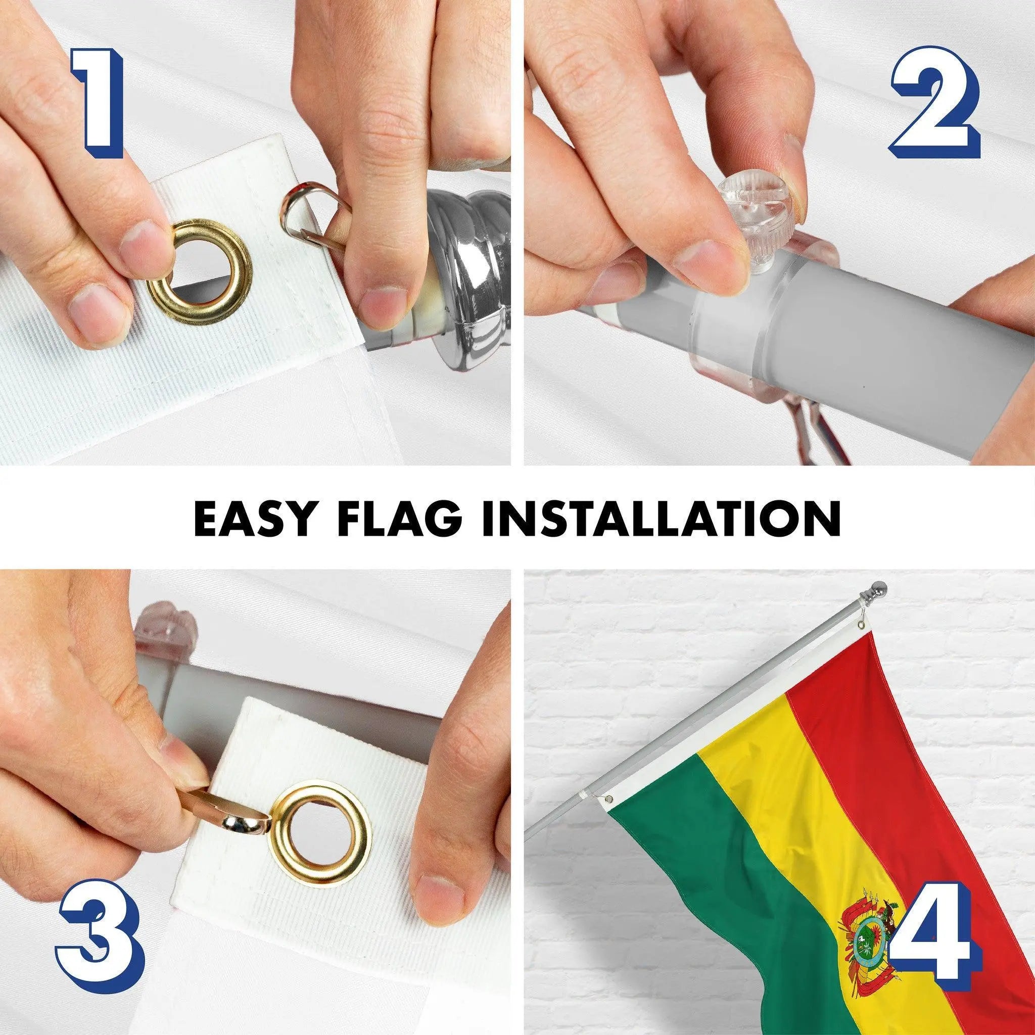 G128 Combo Pack: 6 Ft Tangle Free Aluminum Spinning Flagpole (Silver) & Bolivia Flag 3x5 Ft, Double ToughWeave Series Double Sided Embroidered 210D Polyester | Pole with Flag Included G128