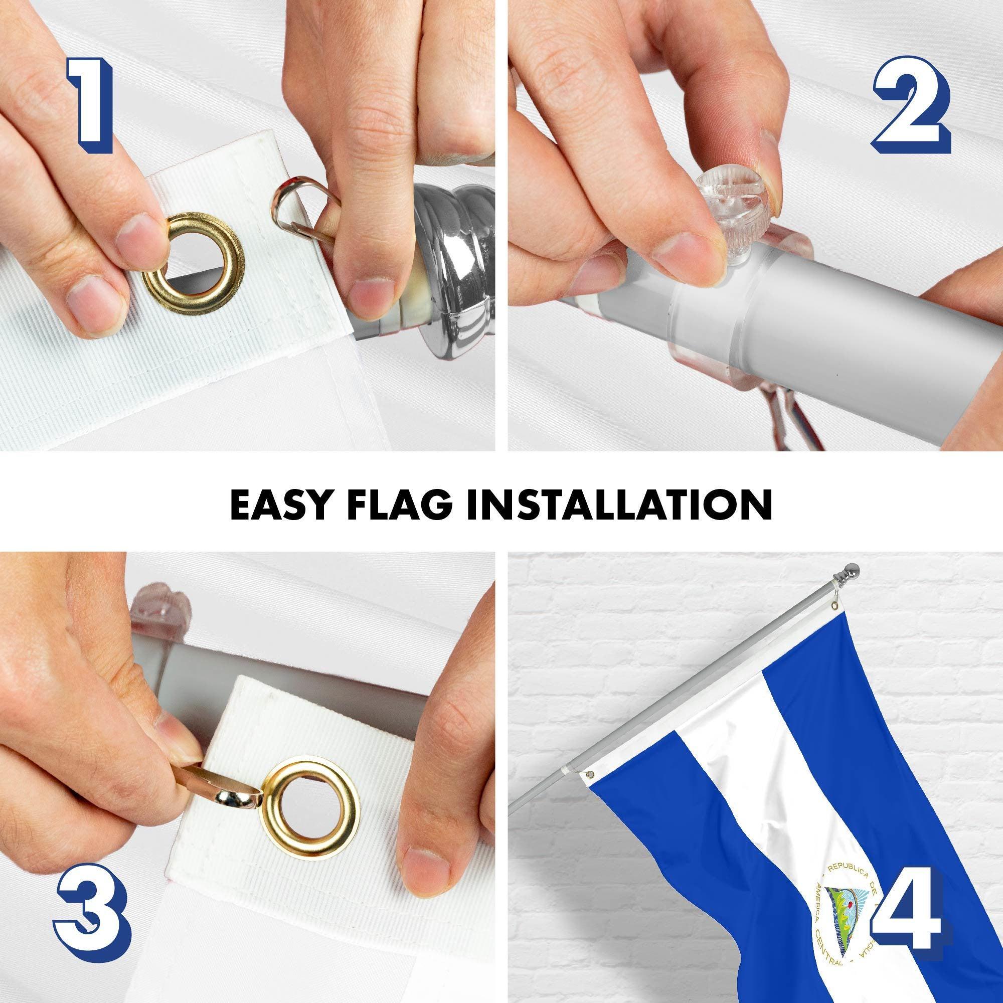 G128 Combo Pack: 6 Ft Tangle Free Aluminum Spinning Flagpole (Silver) & Nicaragua Nicaraguan Flag 3x5 Ft, LiteWeave Pro Series Printed 150D Polyester | Pole with Flag Included - GreatEagleInc