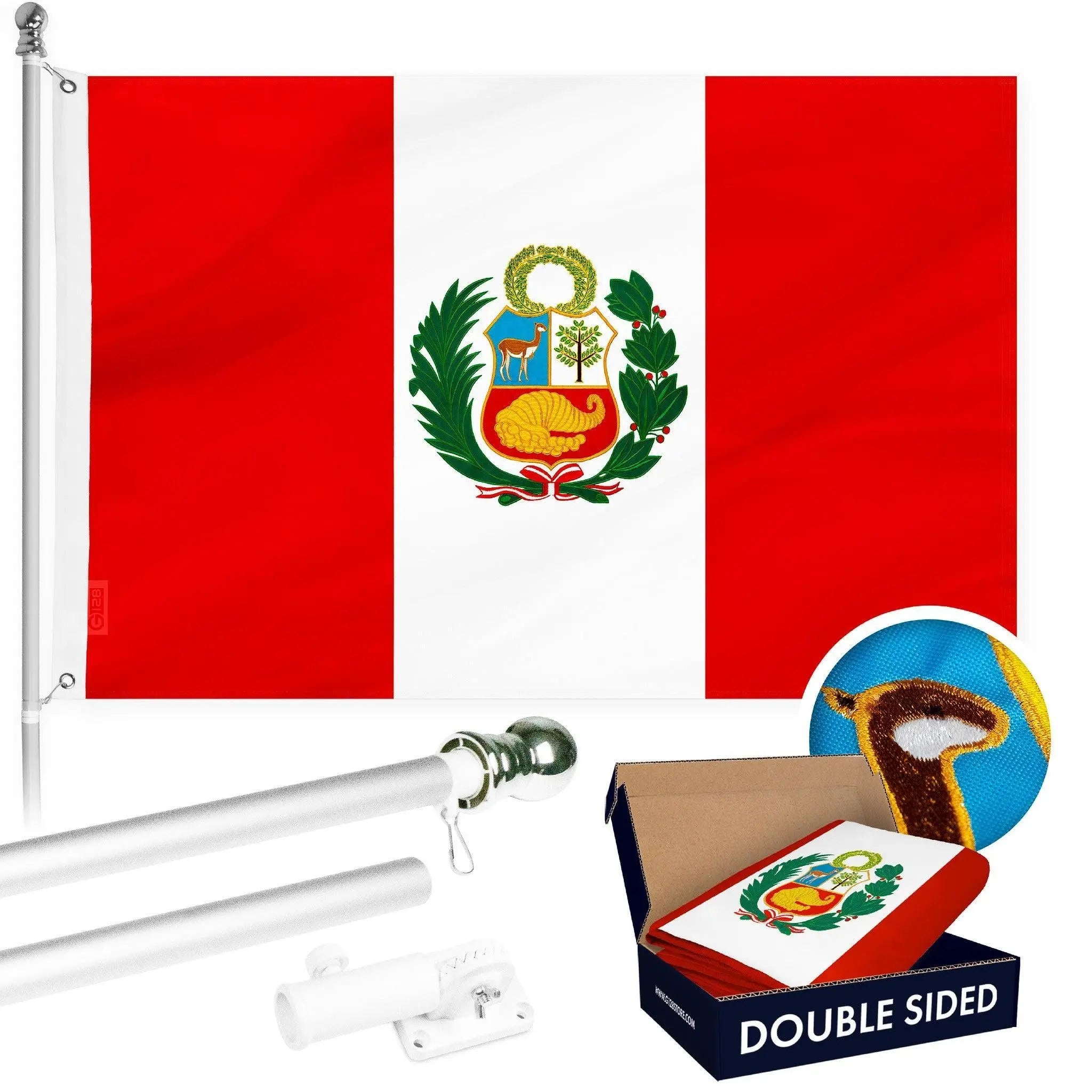 G128 Combo Pack: 6 Ft Tangle Free Aluminum Spinning Flagpole (Silver) & Peru Peruvian Flag 3x5 Ft, Double ToughWeave Series Double Sided Embroidered 210D Polyester | Pole with Flag Included G128