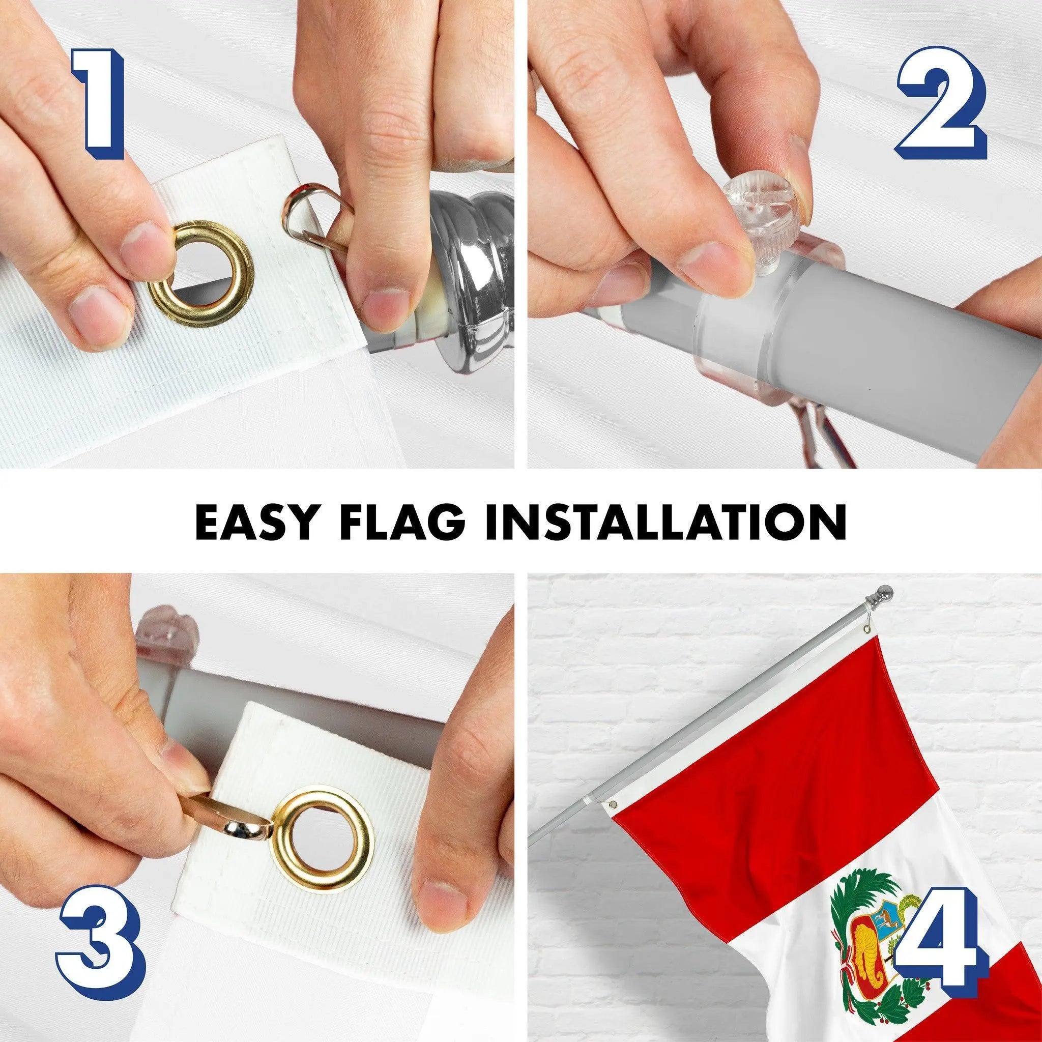 G128 Combo Pack: 6 Ft Tangle Free Aluminum Spinning Flagpole (Silver) & Peru Peruvian Flag 3x5 Ft, Double ToughWeave Series Double Sided Embroidered 210D Polyester | Pole with Flag Included G128
