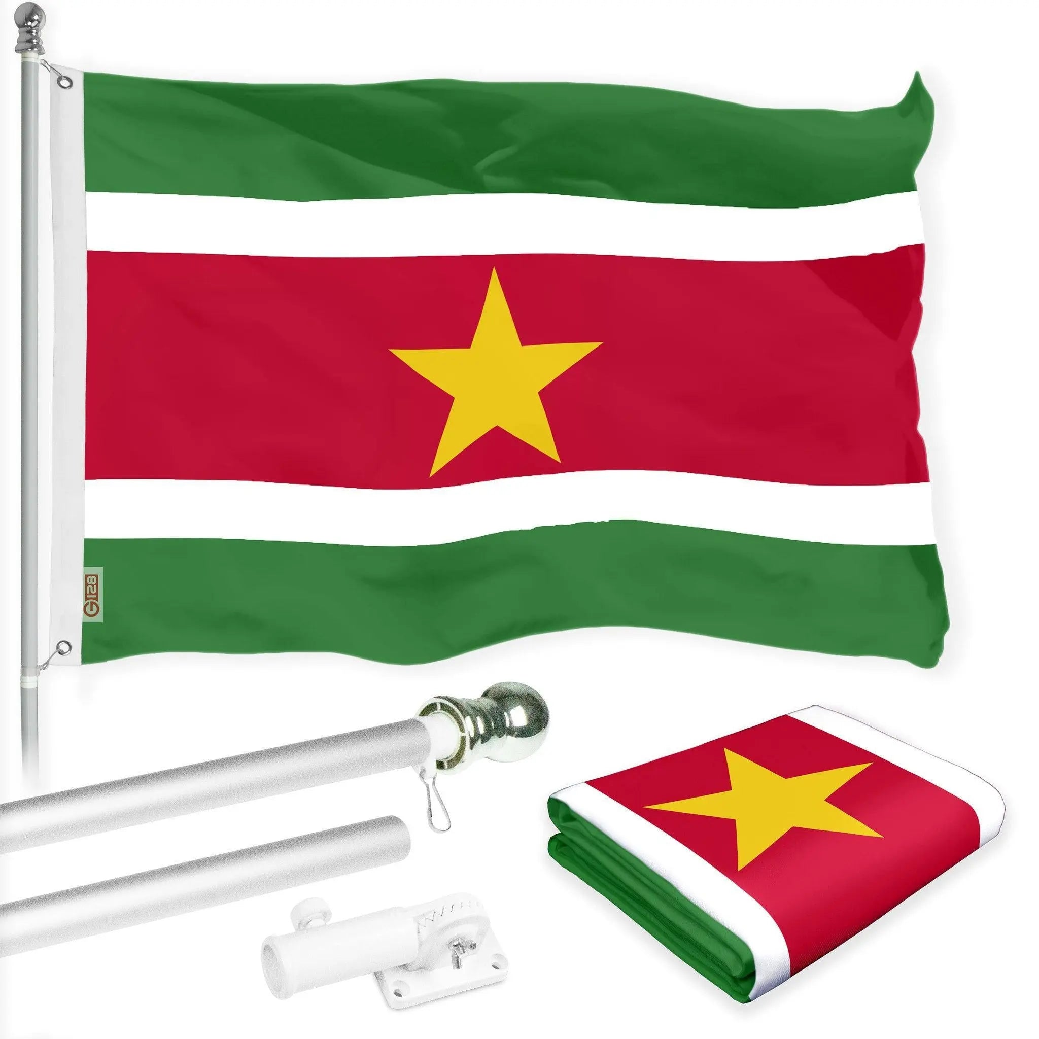 G128 Combo Pack: 6 Ft Tangle Free Aluminum Spinning Flagpole (Silver) & Suriname Surinamese Flag 3x5 Ft, LiteWeave Pro Series Printed 150D Polyester | Pole with Flag Included G128
