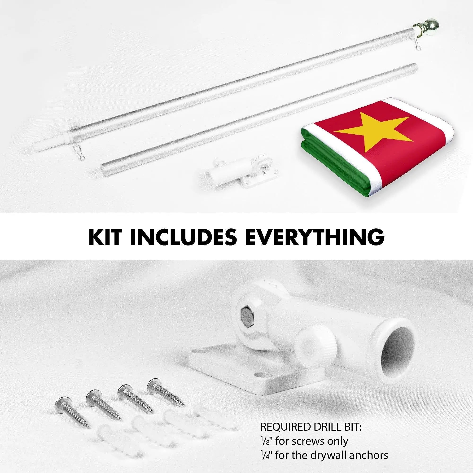G128 Combo Pack: 6 Ft Tangle Free Aluminum Spinning Flagpole (Silver) & Suriname Surinamese Flag 3x5 Ft, LiteWeave Pro Series Printed 150D Polyester | Pole with Flag Included G128