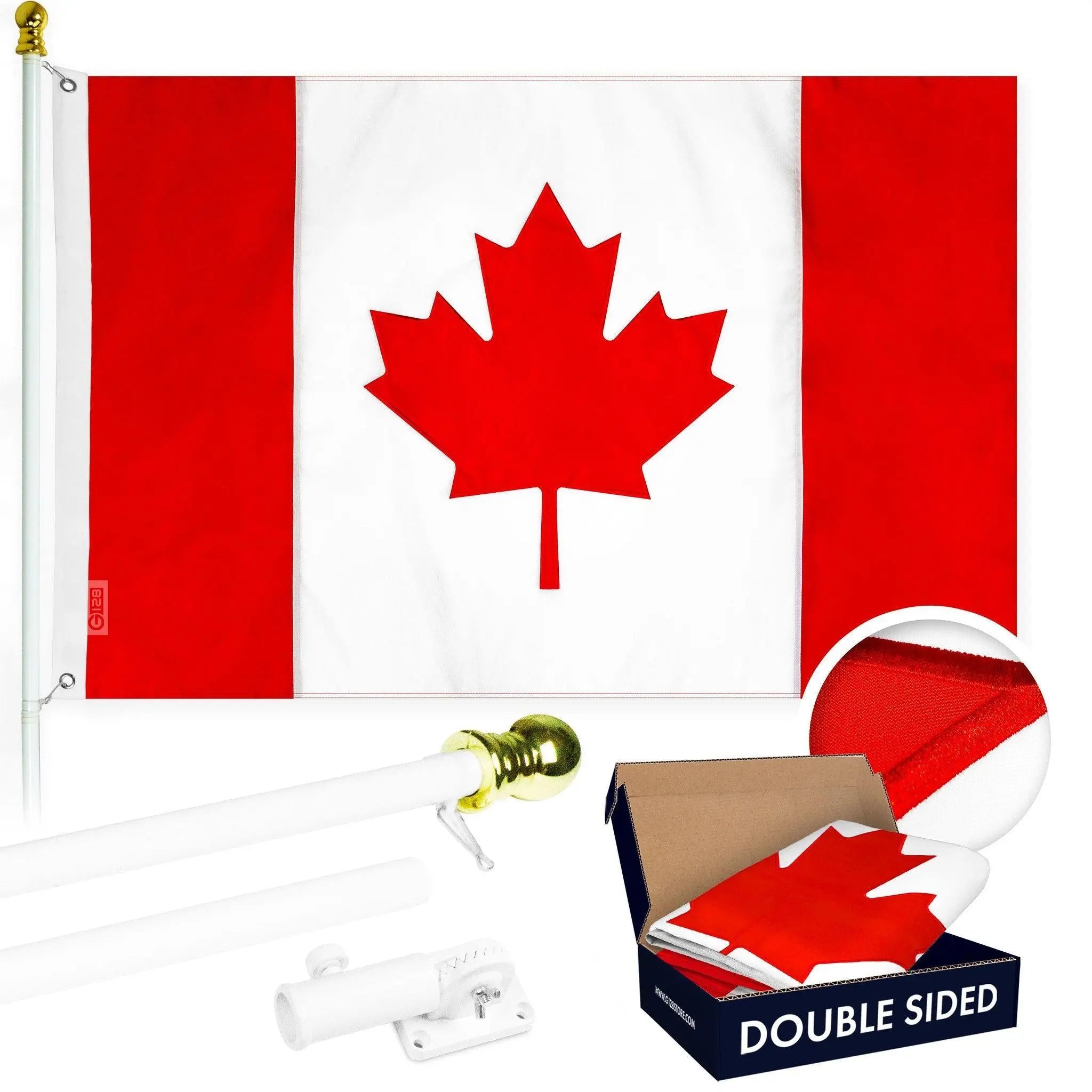 G128 Combo Pack: 6 Ft Tangle Free Aluminum Spinning Flagpole (White) & Canada Canadian Flag 3x6 Ft, Double ToughWeave Series Double Sided Embroidered 210D Polyester | Pole with Flag Included G128