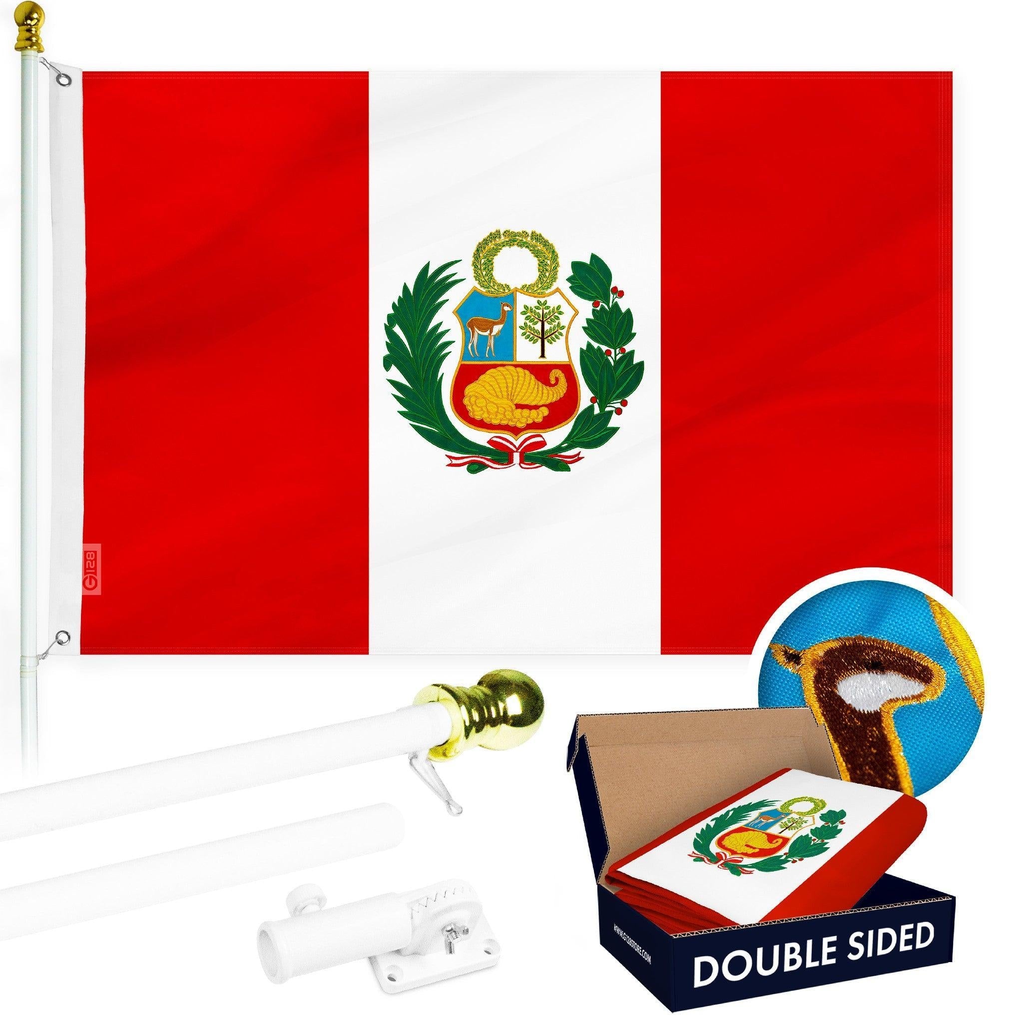 G128 Combo Pack: 6 Ft Tangle Free Aluminum Spinning Flagpole (White) & Peru Peruvian Flag 3x5 Ft, Double ToughWeave Series Double Sided Embroidered 210D Polyester | Pole with Flag Included G128