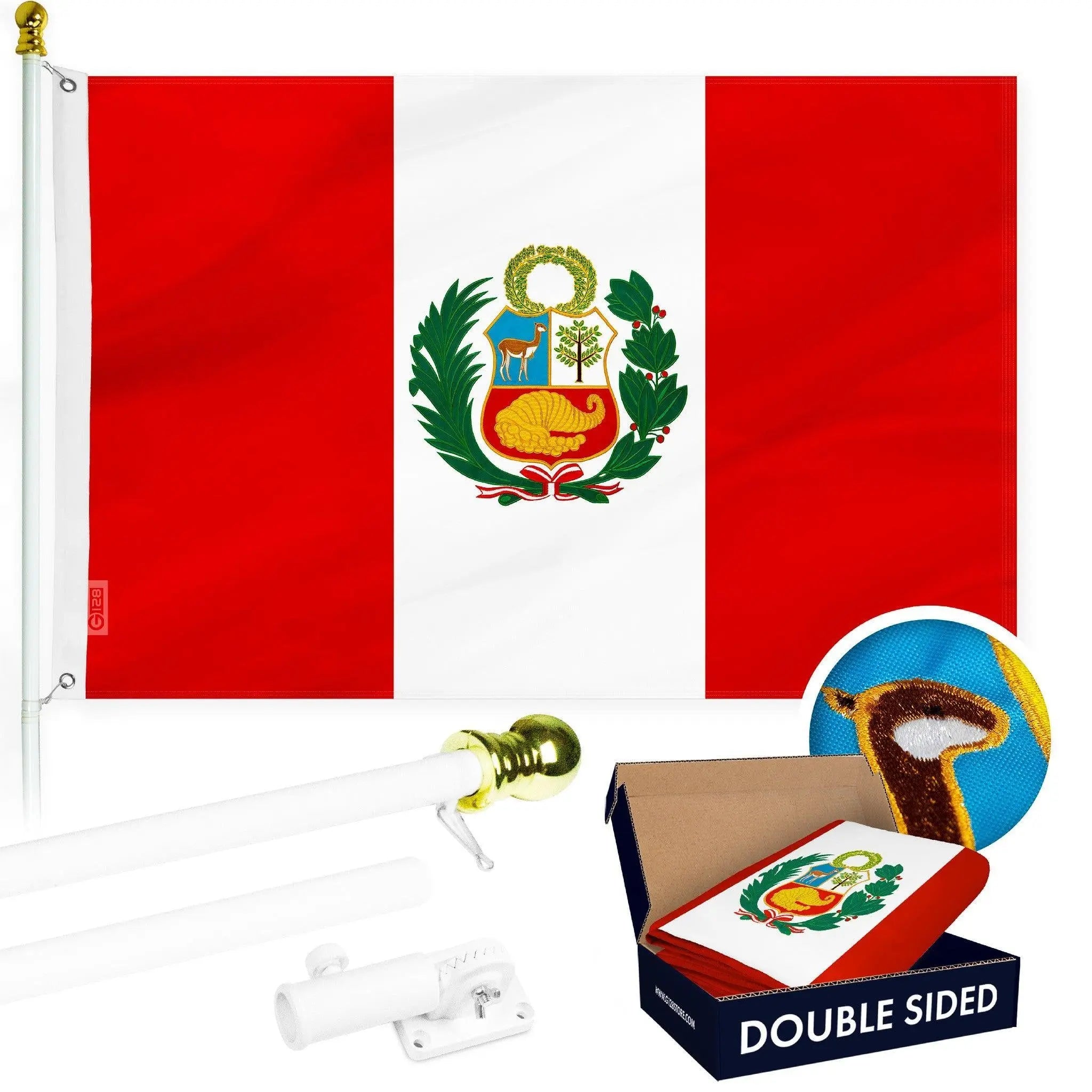 G128 Combo Pack: 6 Ft Tangle Free Aluminum Spinning Flagpole (White) & Peru Peruvian Flag 3x5 Ft, Double ToughWeave Series Double Sided Embroidered 210D Polyester | Pole with Flag Included G128