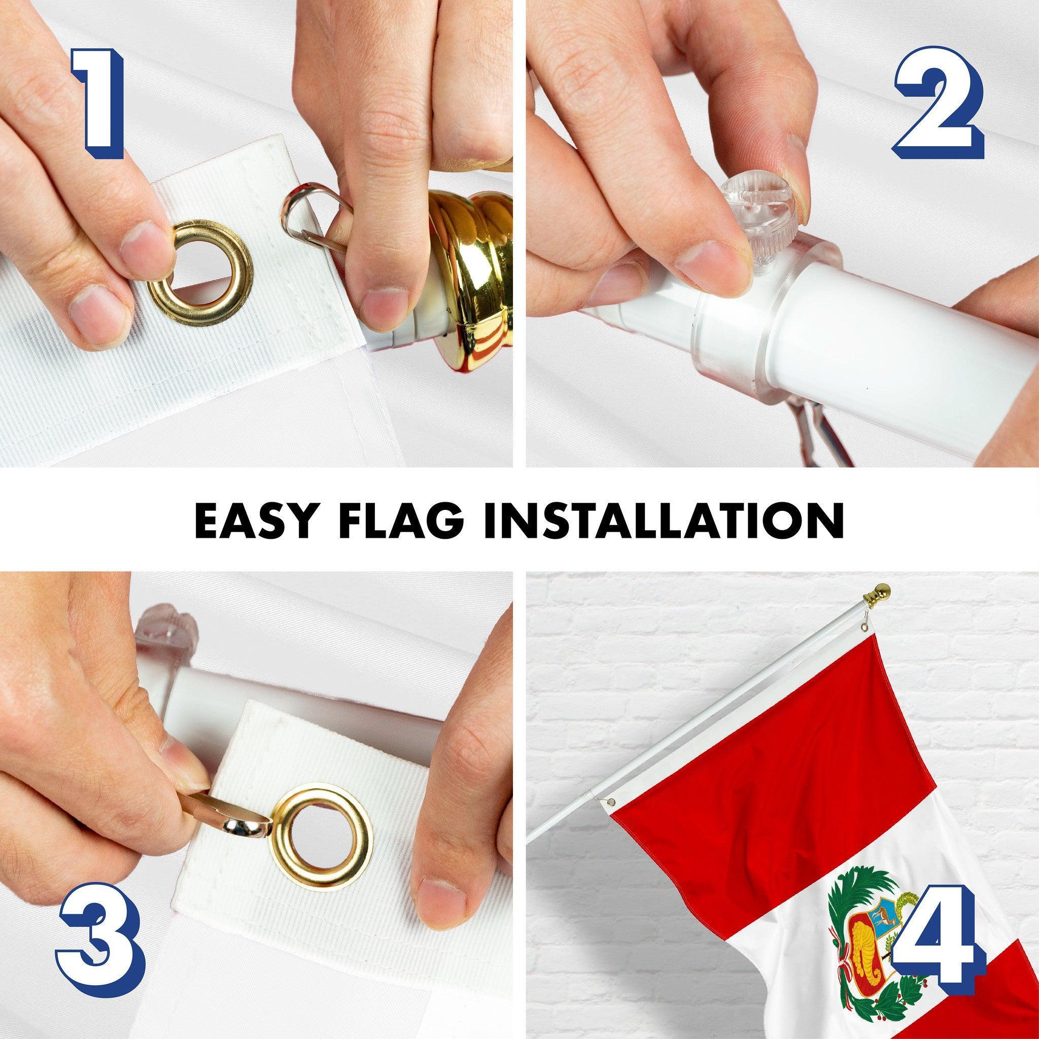 G128 Combo Pack: 6 Ft Tangle Free Aluminum Spinning Flagpole (White) & Peru Peruvian Flag 3x5 Ft, Double ToughWeave Series Double Sided Embroidered 210D Polyester | Pole with Flag Included G128