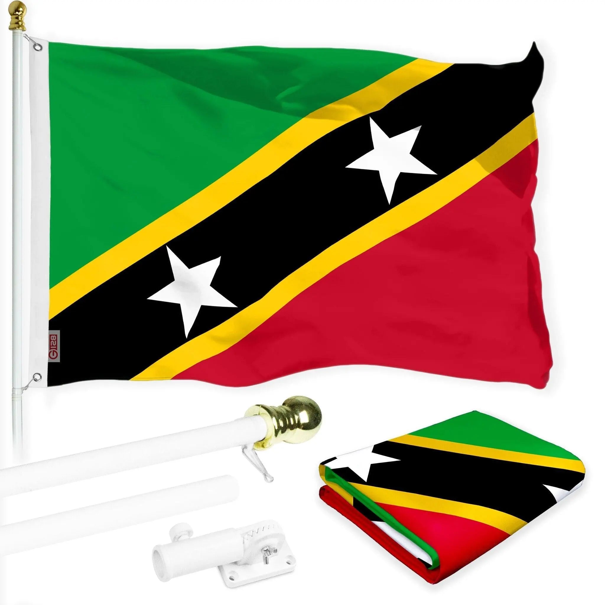 G128 Combo Pack: 6 Ft Tangle Free Aluminum Spinning Flagpole (White) & Saint Kitts and Nevis Flag 3x5 Ft, LiteWeave Pro Series Printed 150D Polyester | Pole with Flag Included G128