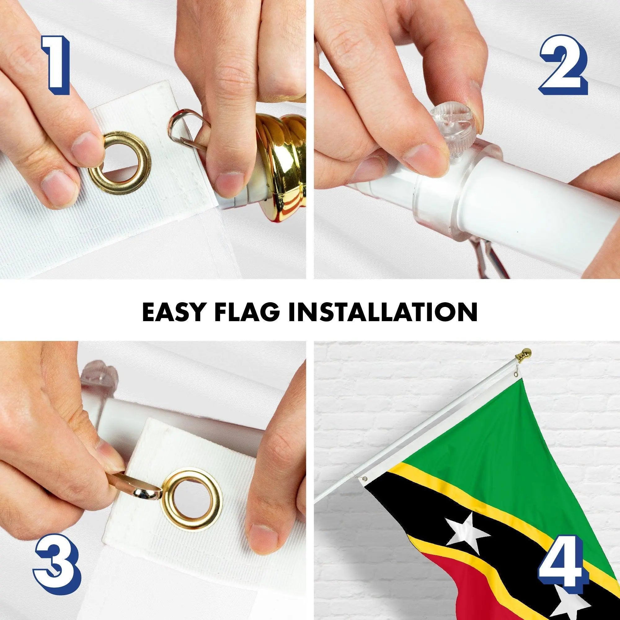 G128 Combo Pack: 6 Ft Tangle Free Aluminum Spinning Flagpole (White) & Saint Kitts and Nevis Flag 3x5 Ft, LiteWeave Pro Series Printed 150D Polyester | Pole with Flag Included G128