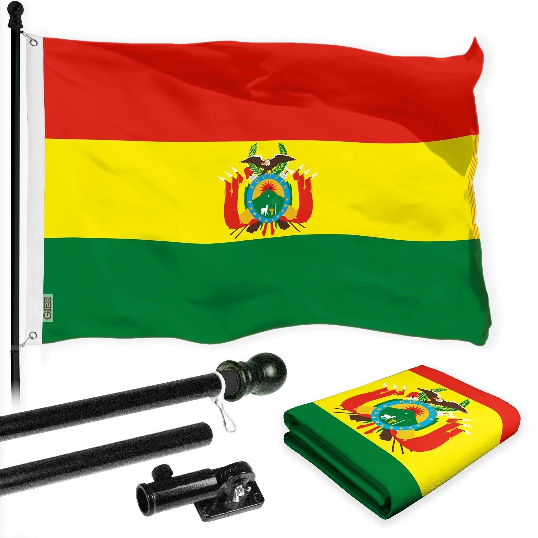 G128 Combo Pack: 6 Ft Tangle Free Spinning Flagpole (Black) & Bolivia Flag 3x5 Ft Printed 150D Polyester, Brass Grommets (Flag Included) Aluminum Flag Pole G128