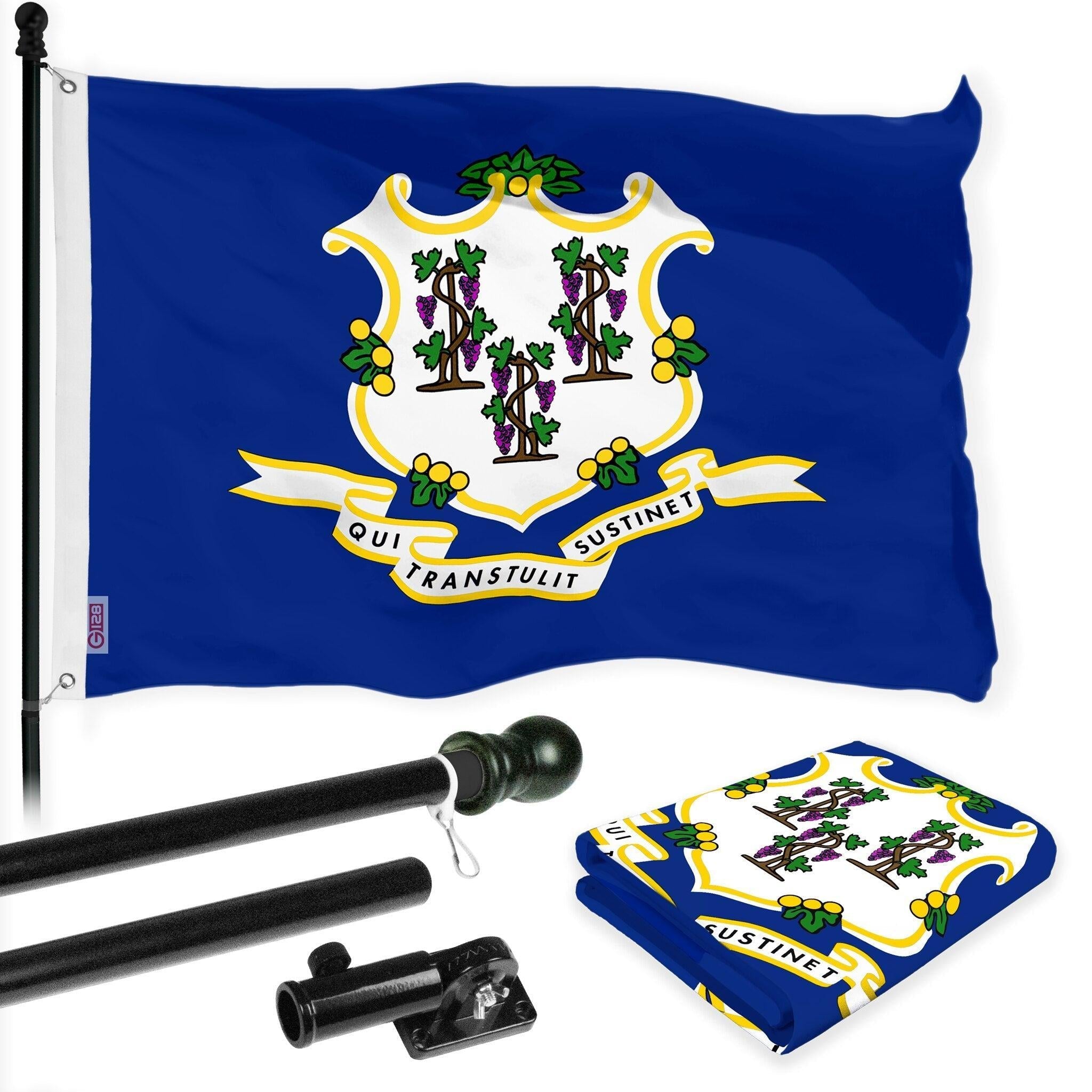 G128 Combo Pack: 6 Ft Tangle Free Spinning Flagpole (Black) & Connecticut Flag 3x5 Ft Printed 150D Polyester, Brass Grommets (Flag Included) Aluminum Flag Pole - GreatEagleInc