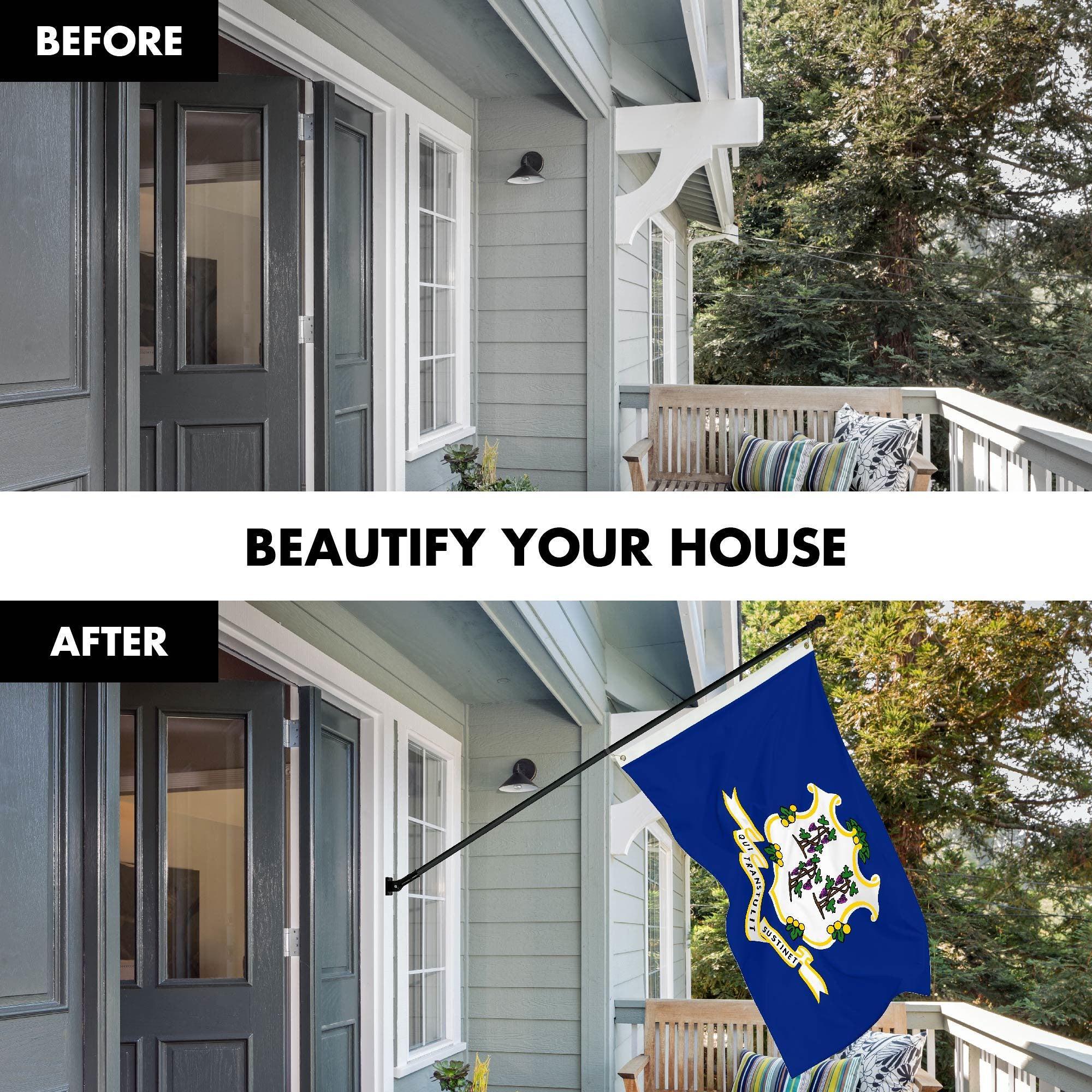 G128 Combo Pack: 6 Ft Tangle Free Spinning Flagpole (Black) & Connecticut Flag 3x5 Ft Printed 150D Polyester, Brass Grommets (Flag Included) Aluminum Flag Pole - GreatEagleInc