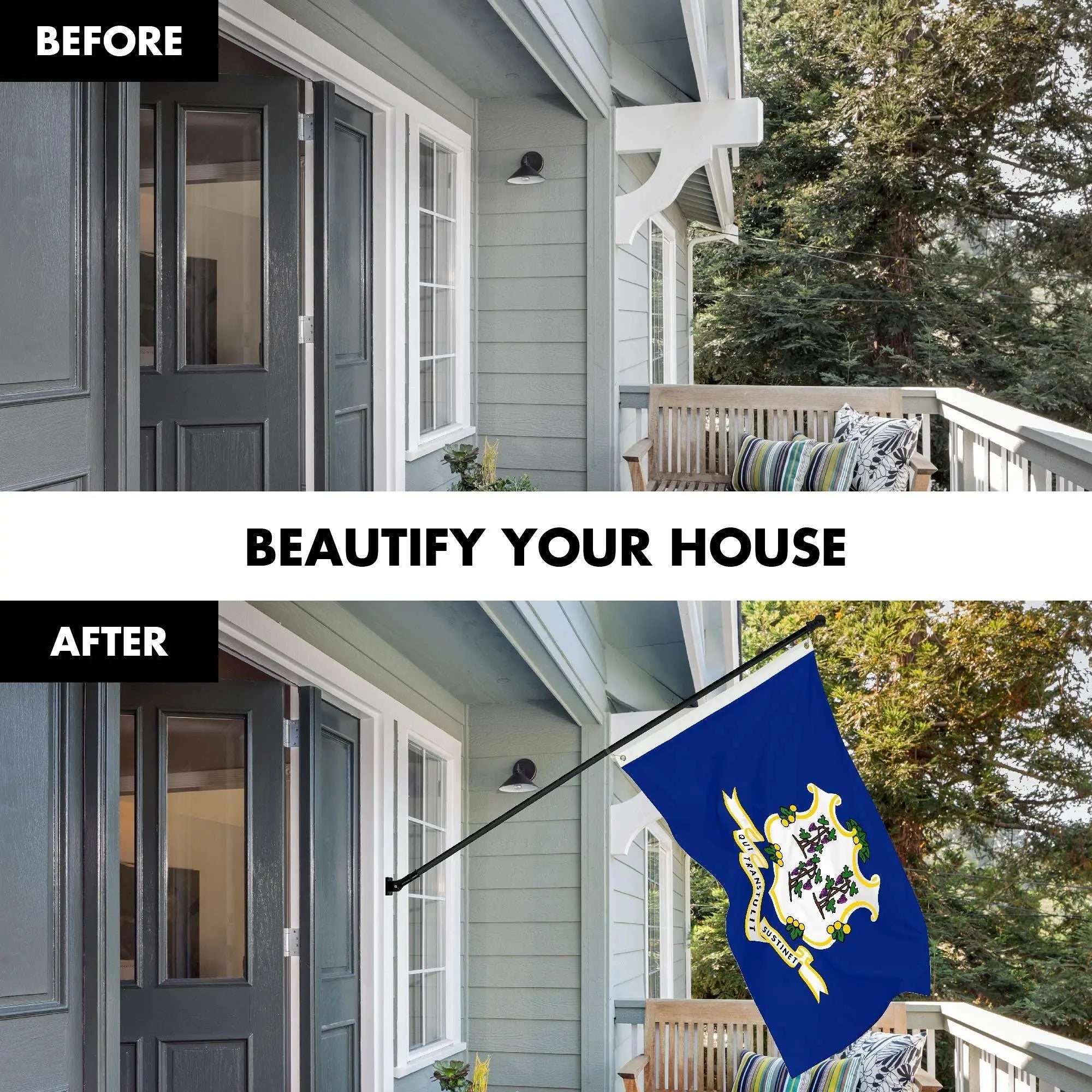 G128 Combo Pack: 6 Ft Tangle Free Spinning Flagpole (Black) & Connecticut Flag 3x5 Ft Printed 150D Polyester, Brass Grommets (Flag Included) Aluminum Flag Pole - GreatEagleInc