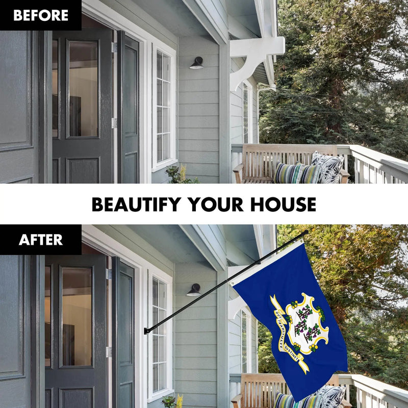 G128 Combo Pack: 6 Ft Tangle Free Spinning Flagpole (Black) & Connecticut Flag 3x5 Ft Printed 150D Polyester, Brass Grommets (Flag Included) Aluminum Flag Pole - GreatEagleInc