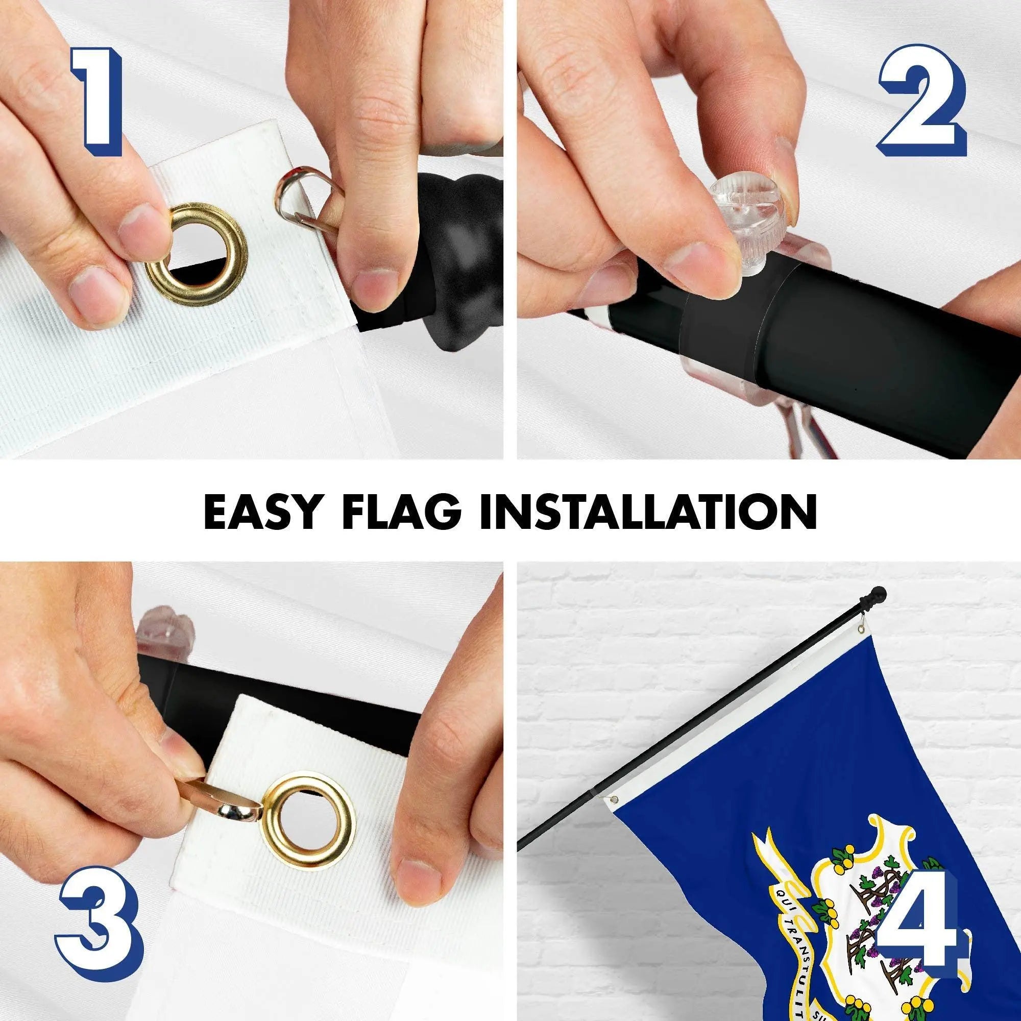 G128 Combo Pack: 6 Ft Tangle Free Spinning Flagpole (Black) & Connecticut Flag 3x5 Ft Printed 150D Polyester, Brass Grommets (Flag Included) Aluminum Flag Pole - GreatEagleInc