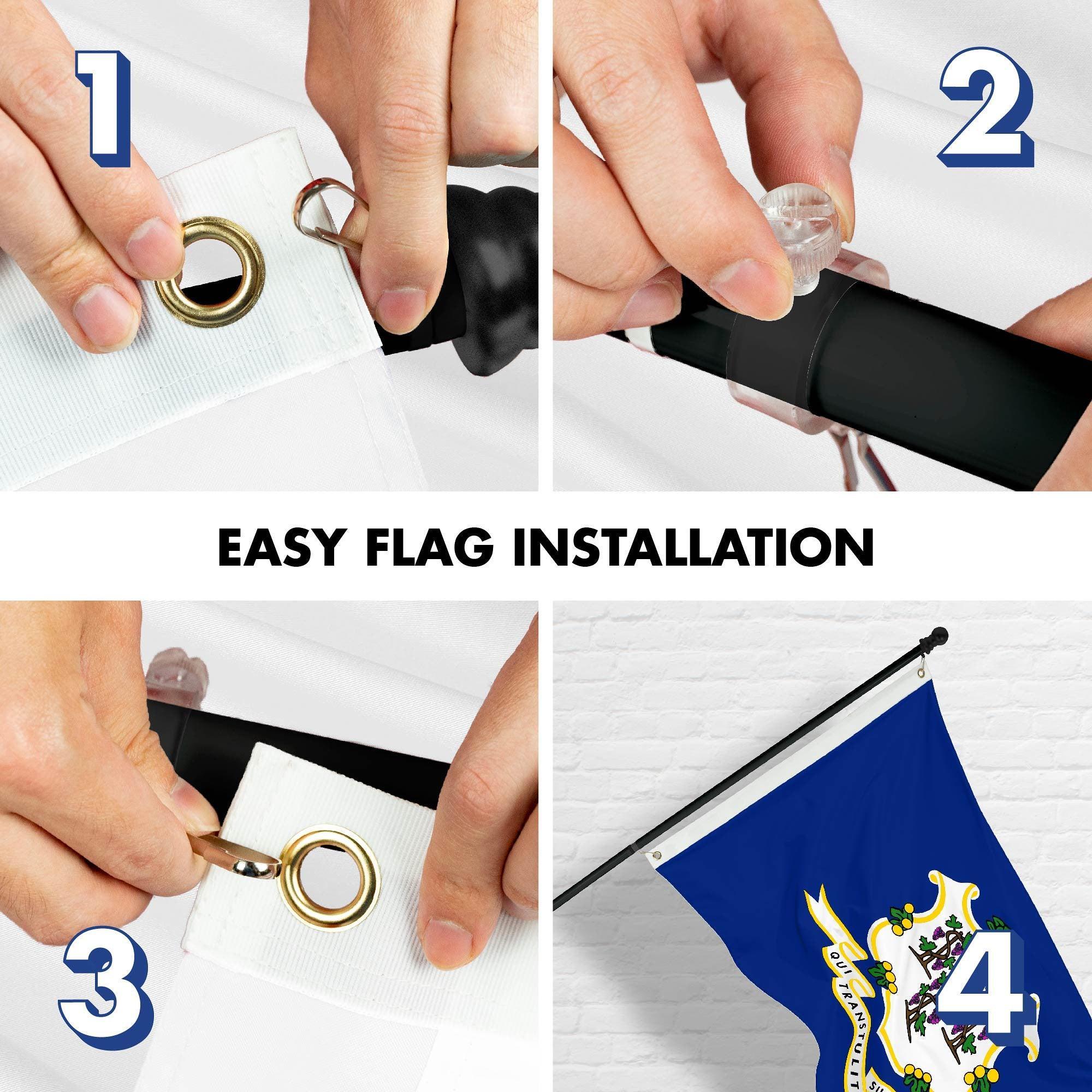 G128 Combo Pack: 6 Ft Tangle Free Spinning Flagpole (Black) & Connecticut Flag 3x5 Ft Printed 150D Polyester, Brass Grommets (Flag Included) Aluminum Flag Pole - GreatEagleInc