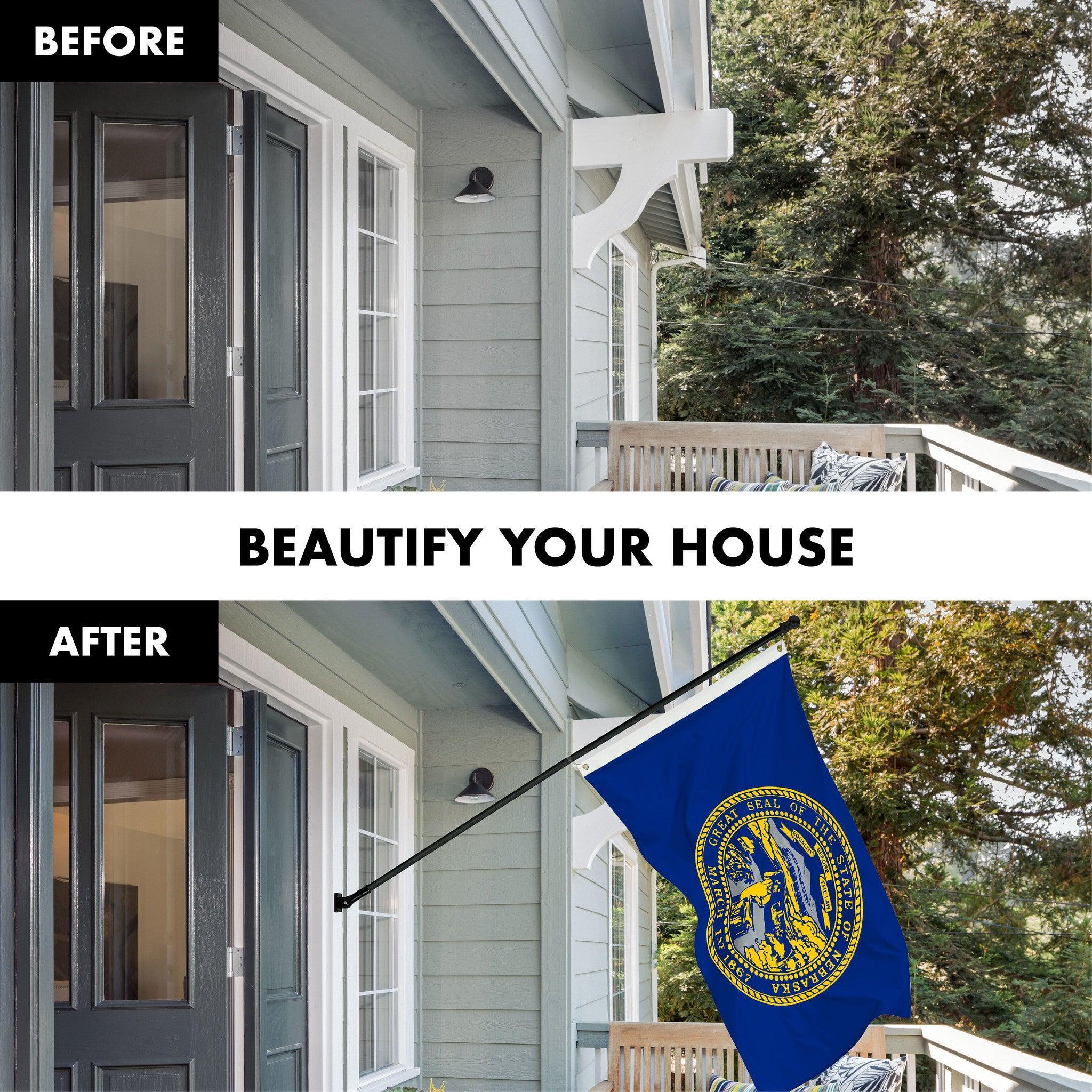 G128 Combo Pack: 6 Ft Tangle Free Spinning Flagpole (Black) & Nebraska Flag 3x5 Ft Printed 150D Polyester, Brass Grommets (Flag Included) Aluminum Flag Pole - GreatEagleInc