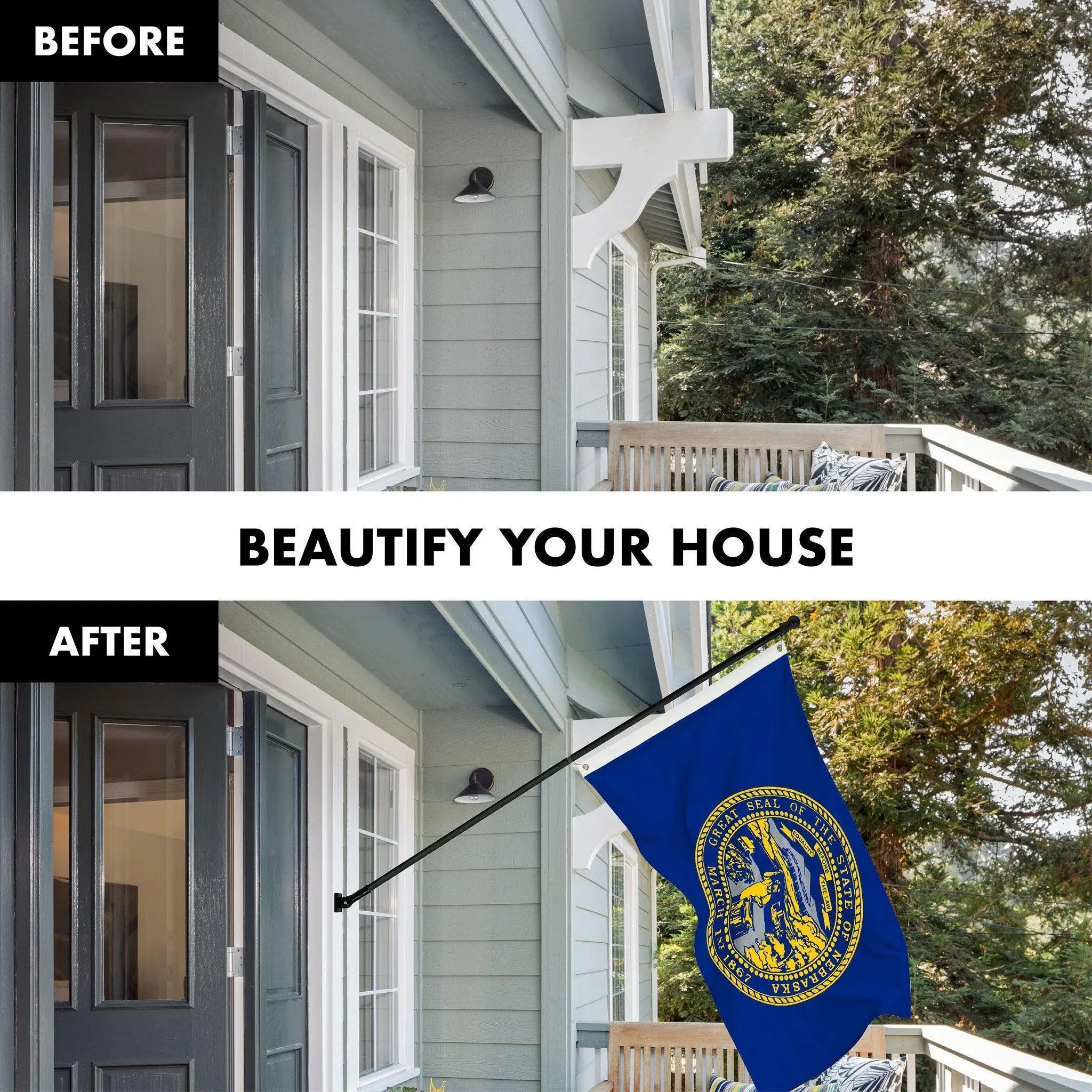 G128 Combo Pack: 6 Ft Tangle Free Spinning Flagpole (Black) & Nebraska Flag 3x5 Ft Printed 150D Polyester, Brass Grommets (Flag Included) Aluminum Flag Pole - GreatEagleInc