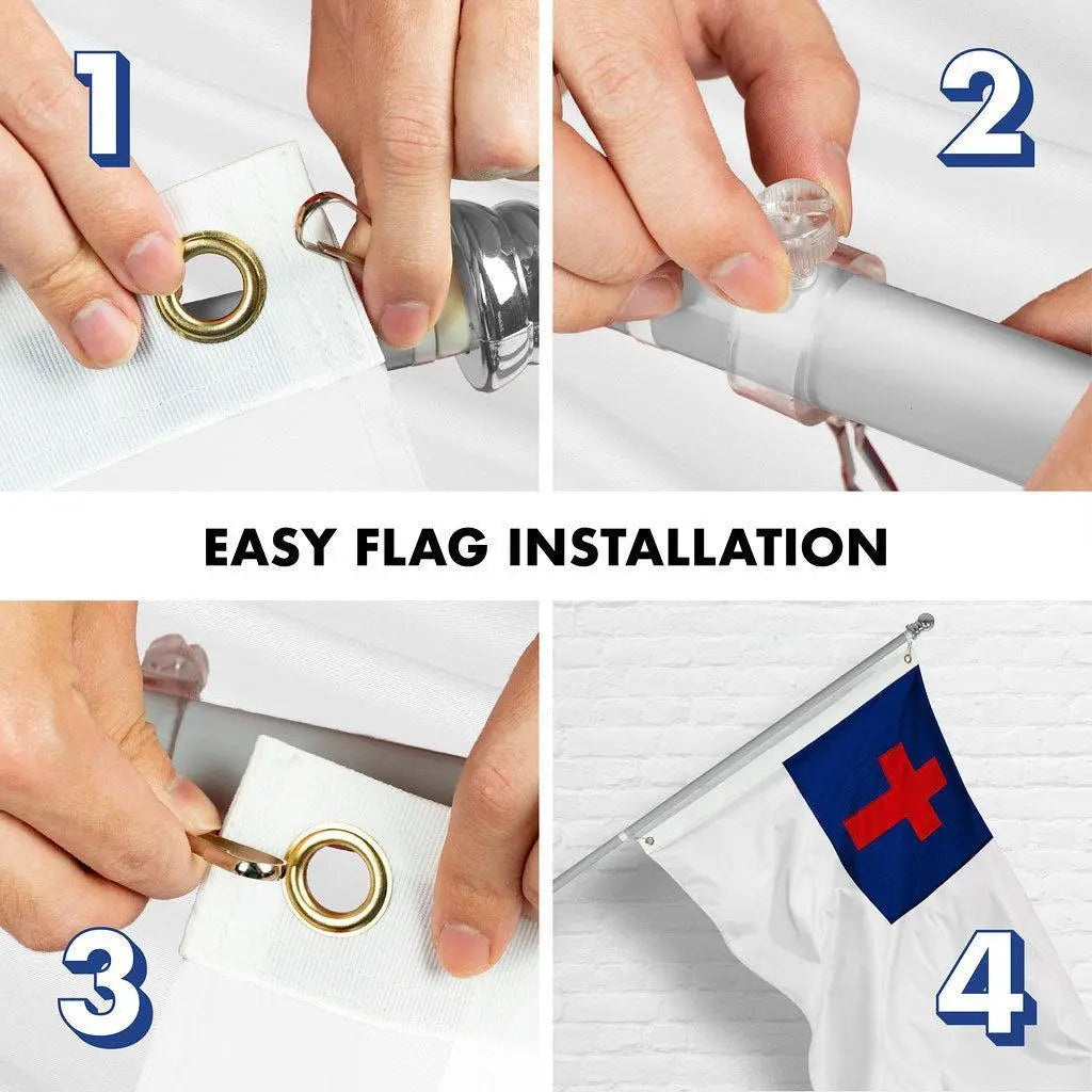 G128 Combo Pack: 6 Ft Tangle Free Spinning Flagpole (Silver) & Christian Flag 3x5 Ft Embroidered 220GSM Spun Polyester, Brass Grommets (Flag Included) Aluminum Flag Pole G128