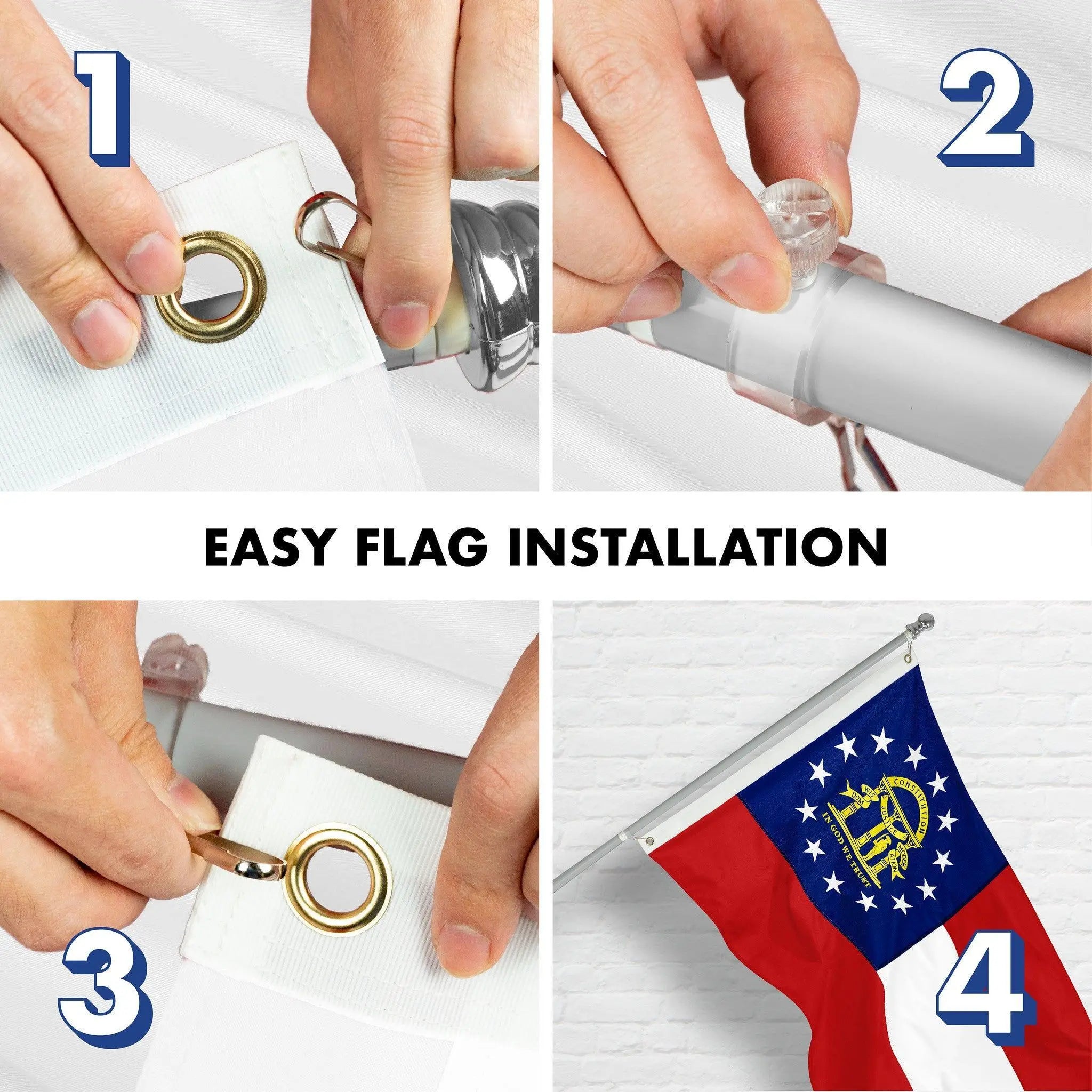 G128 Combo Pack: 6 Ft Tangle Free Spinning Flagpole (Silver) & Georgia Flag 3x5 Ft Embroidered 220GSM Spun Polyester, Brass Grommets (Flag Included) Aluminum Flag Pole G128