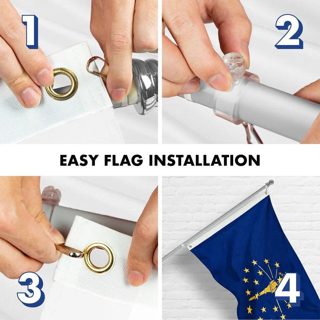 G128 Combo Pack: 6 Ft Tangle Free Spinning Flagpole (Silver) & Indiana Flag 3x5 Ft Embroidered 220GSM Spun Polyester, Brass Grommets (Flag Included) Aluminum Flag Pole G128