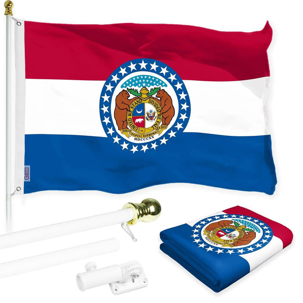 G128 Combo Pack: 6 Ft Tangle Free Spinning Flagpole (White) & Missouri Flag 3x5 Ft Printed 150D Polyester, Brass Grommets (Flag Included) Aluminum Flag Pole G128