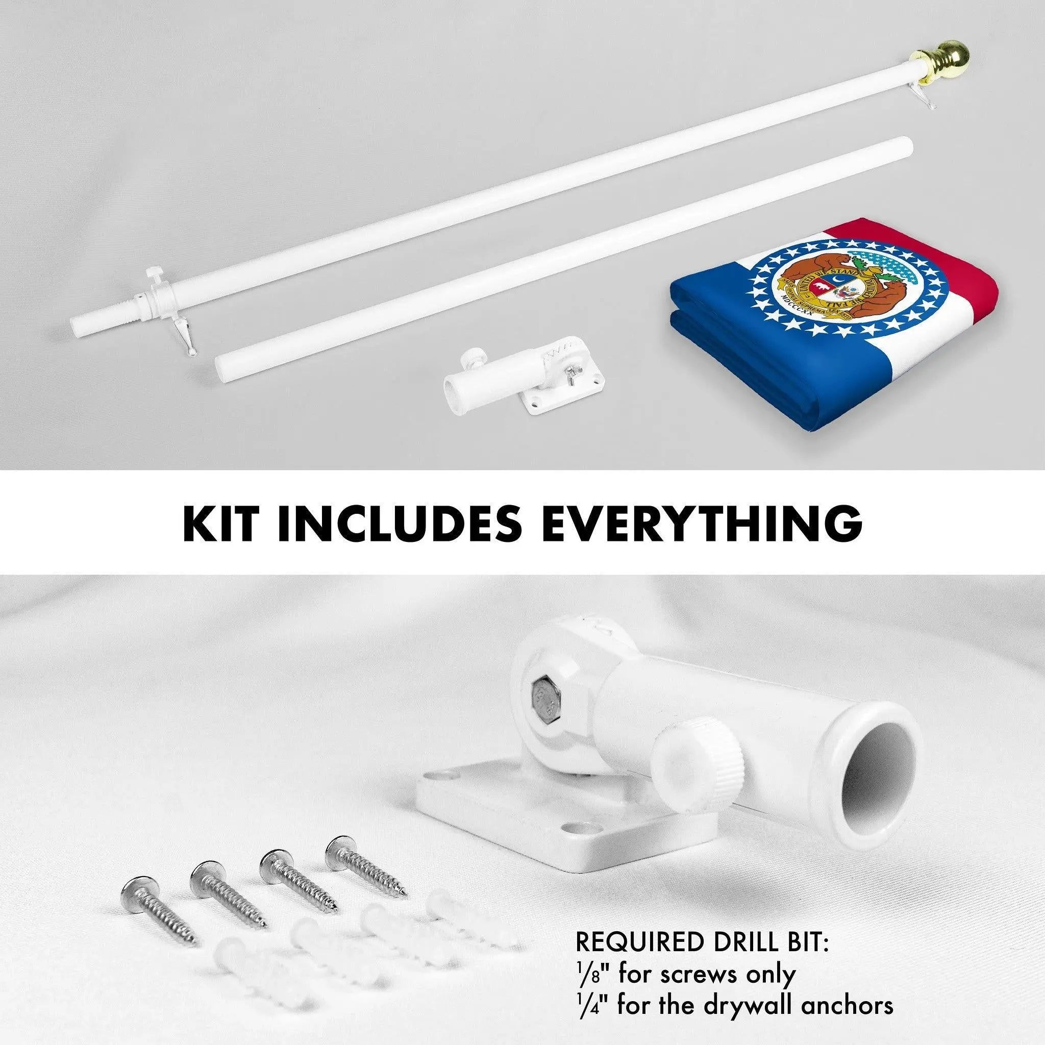 G128 Combo Pack: 6 Ft Tangle Free Spinning Flagpole (White) & Missouri Flag 3x5 Ft Printed 150D Polyester, Brass Grommets (Flag Included) Aluminum Flag Pole G128