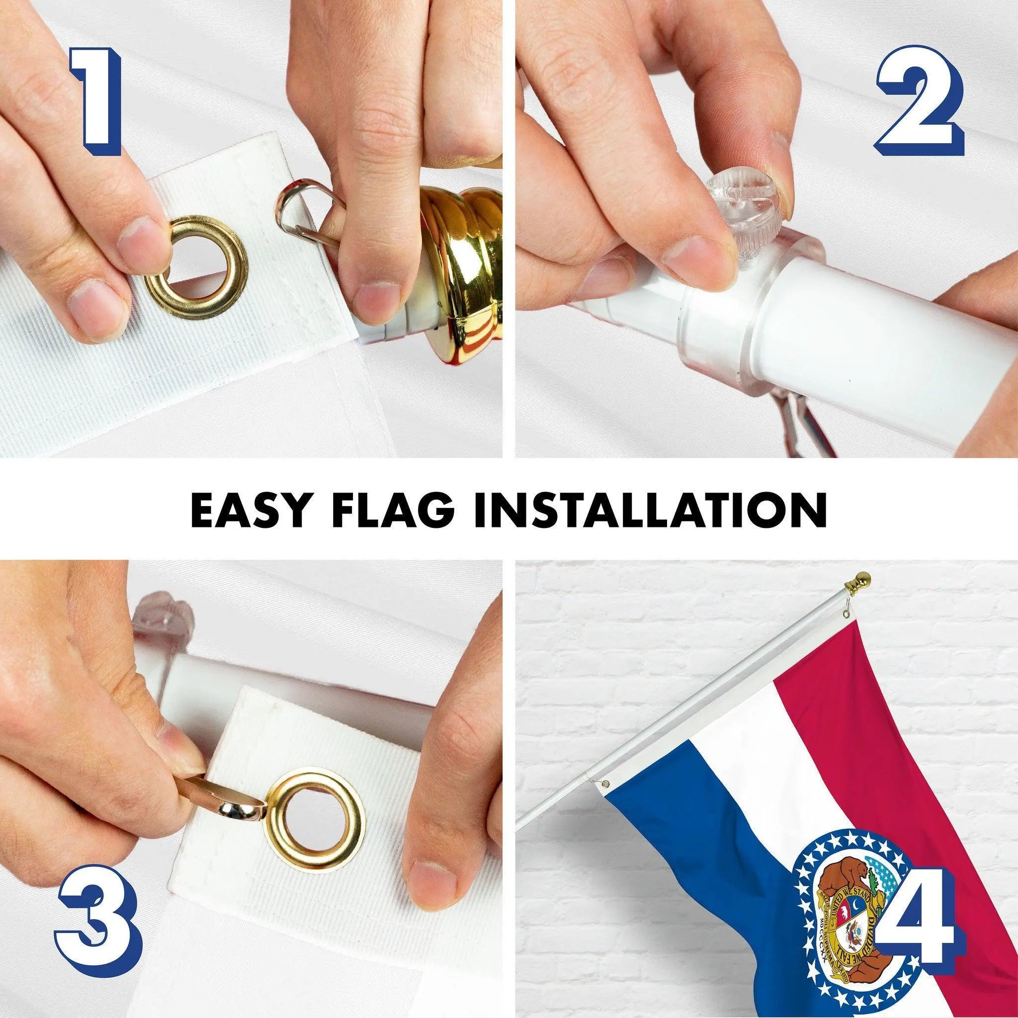 G128 Combo Pack: 6 Ft Tangle Free Spinning Flagpole (White) & Missouri Flag 3x5 Ft Printed 150D Polyester, Brass Grommets (Flag Included) Aluminum Flag Pole G128