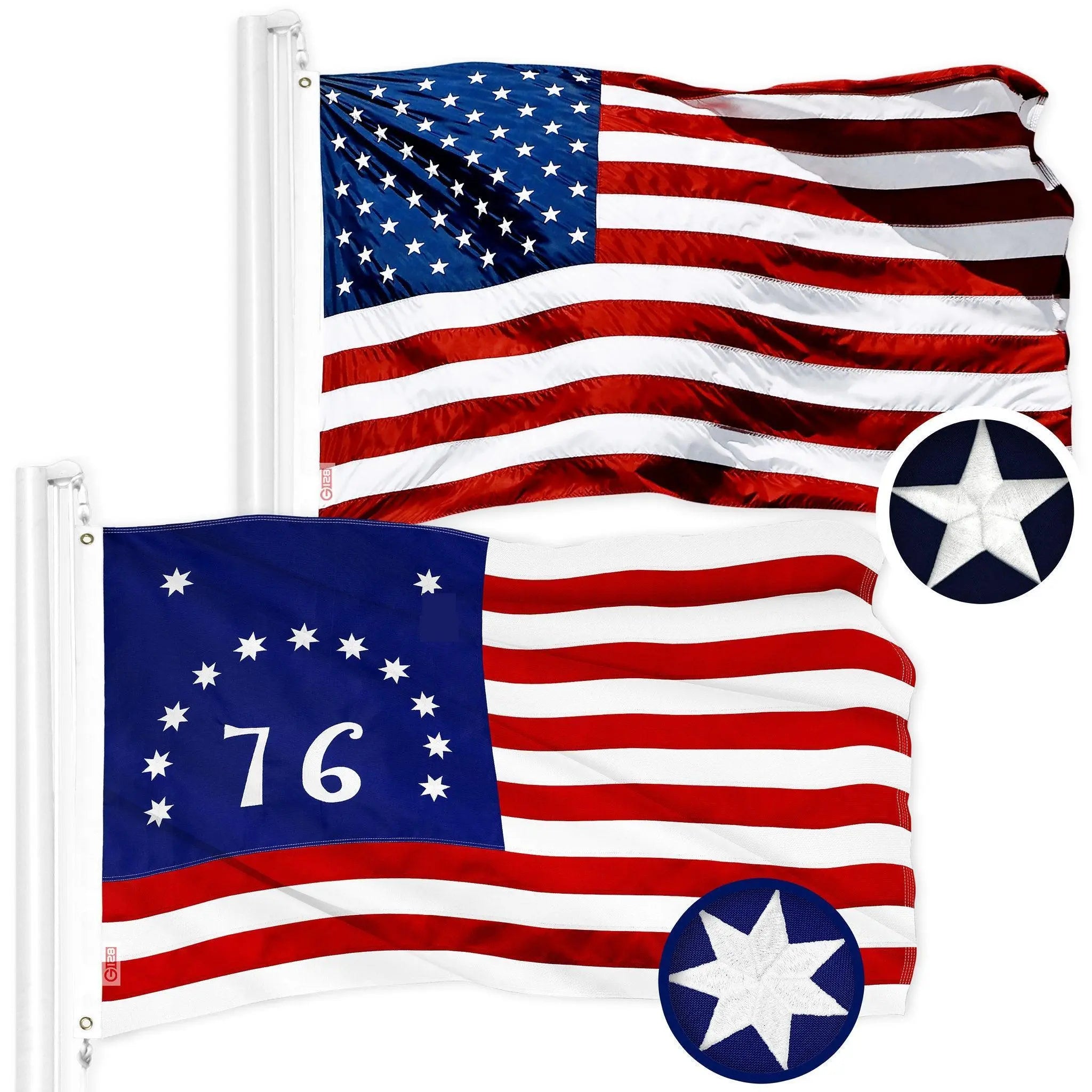 G128 Combo Pack: American USA Flag 3x5 Ft & Bennington 76 Flag 3x5 Ft | Both ToughWeave Series Embroidered 300D Polyester, Embroidered Design, Indoor/Outdoor, Brass Grommets G128