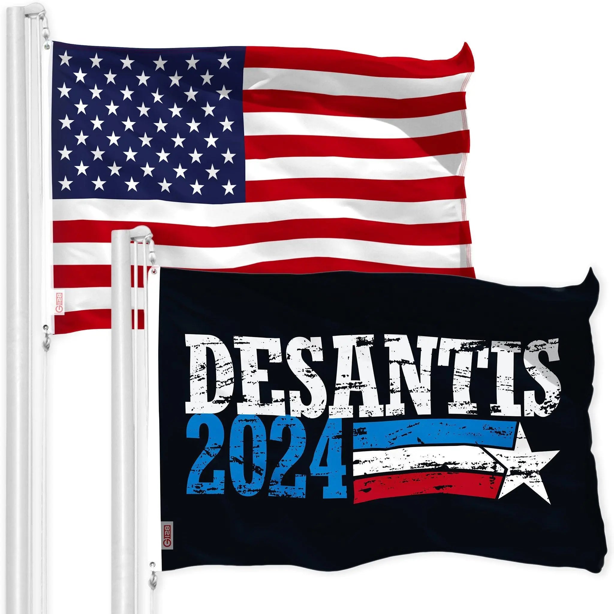 G128 Combo Pack: American USA Flag 3x5 Ft & DeSantis Election 2024 Flag 3x5 Ft | Both LiteWeave Pro Series Printed 150D Polyester, Brass Grommets G128