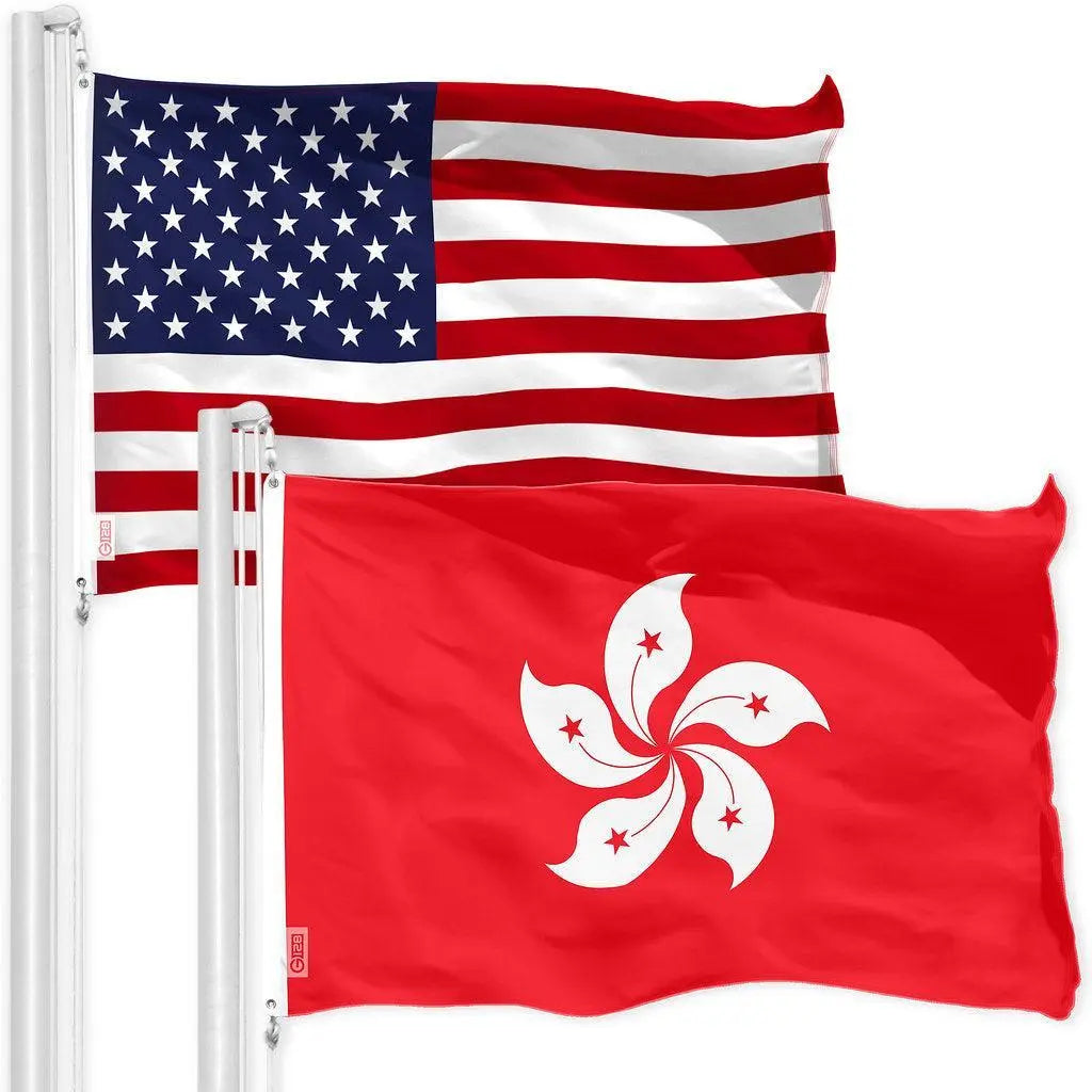 G128 Combo Pack: American USA Flag 3x5 Ft & Hong Kong Hong Konger Flag 3x5 Ft, Both Printed 150D Polyester, Indoor/Outdoor, Brass Grommets G128