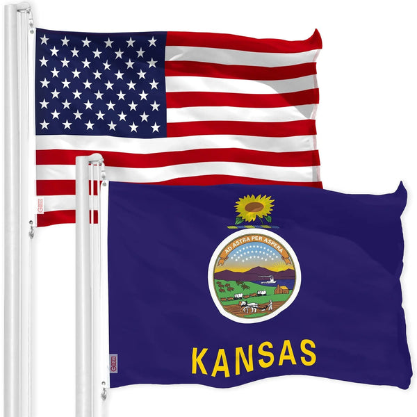 G128 Combo Pack: American USA Flag 3x5 Ft & Kansas Flag 3x5 Ft, Both Printed 150D Polyester, Indoor/Outdoor, Brass Grommets G128