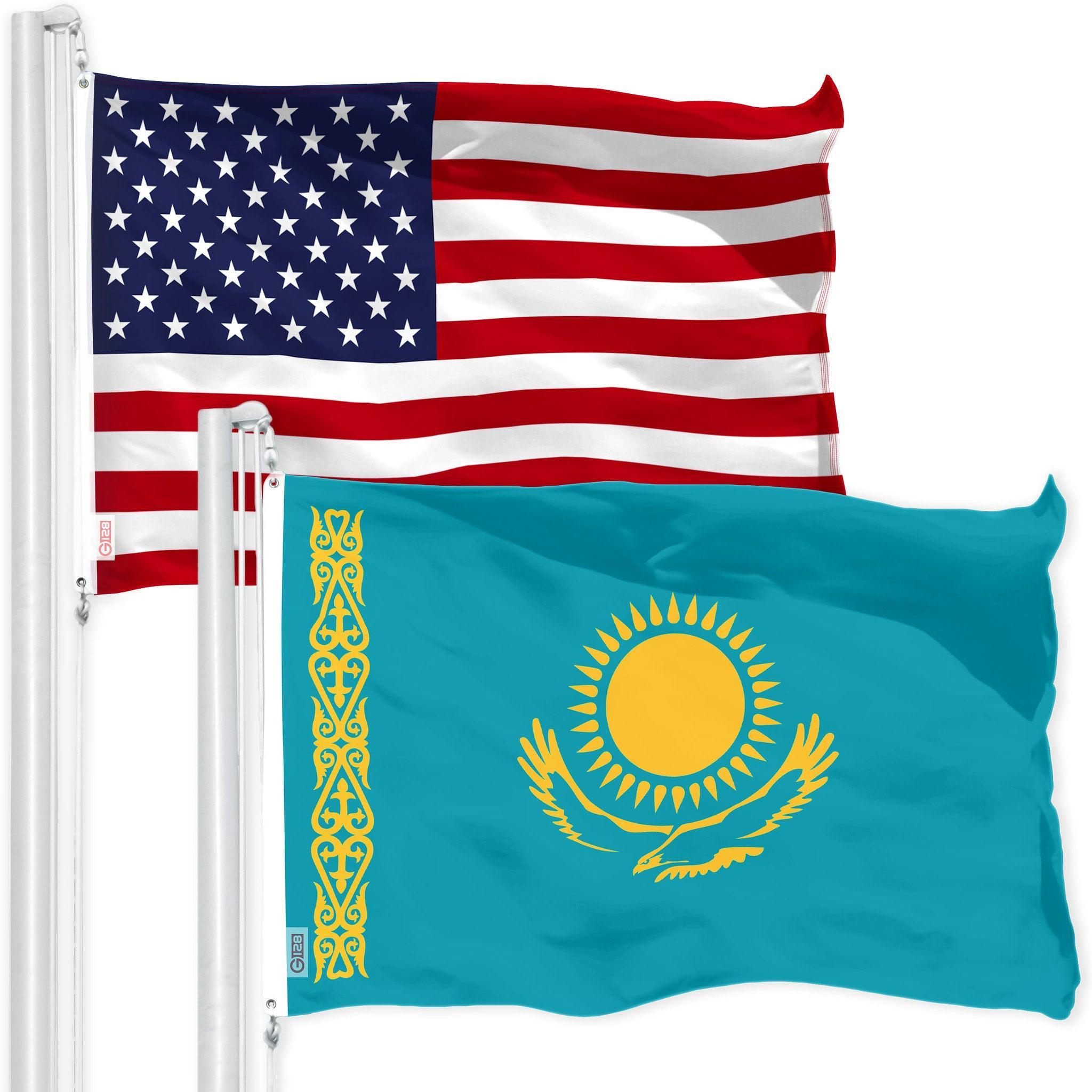 G128 Combo Pack: American USA Flag 3x5 Ft & Kazakhstan Kazakhstani Flag | Both LiteWeave Pro Series Printed 150D Polyester, Brass Grommets G128