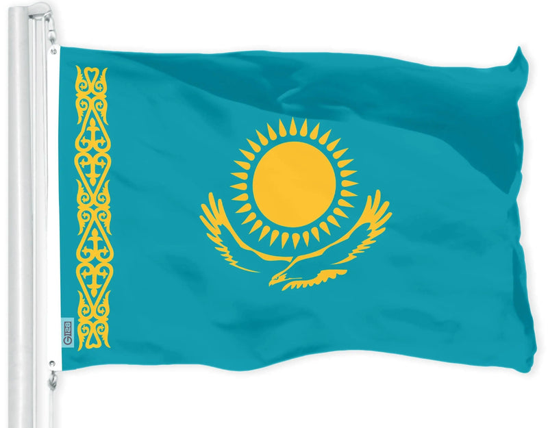 G128 Combo Pack: American USA Flag 3x5 Ft & Kazakhstan Kazakhstani Flag | Both LiteWeave Pro Series Printed 150D Polyester, Brass Grommets G128