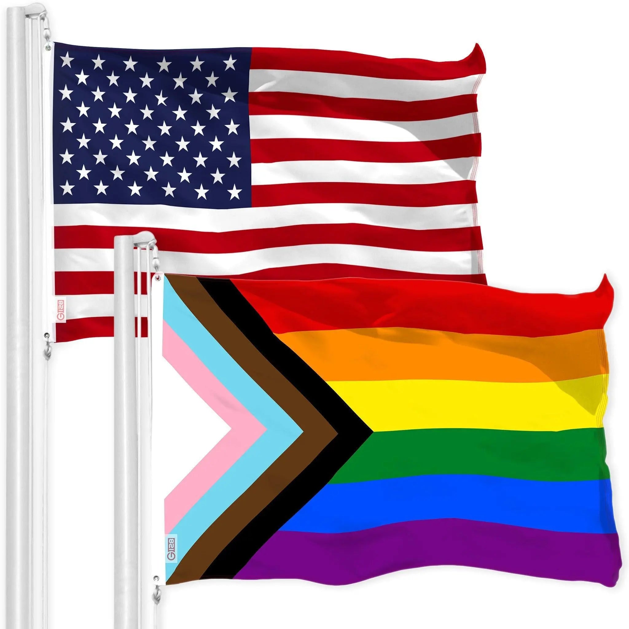 G128 Combo Pack: American USA Flag 3x5 Ft & LGBT Progress Rainbow Pride Flag 3x5 Ft | Both LiteWeave Pro Series Printed 150D Polyester, Brass Grommets G128