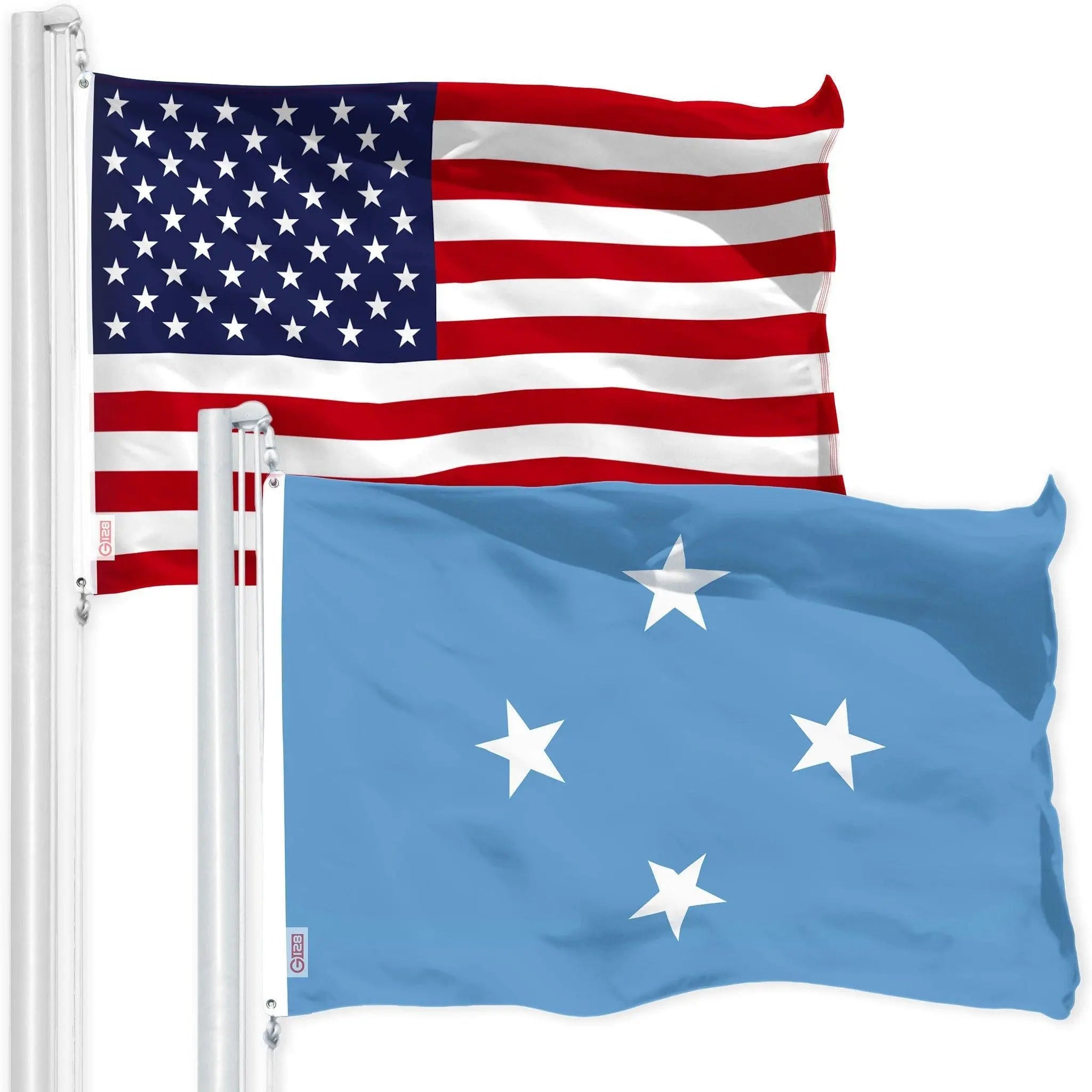 G128 Combo Pack: American USA Flag 3x5 Ft & Micronesia Micronesian Flag | Both LiteWeave Pro Series Printed 150D Polyester, Brass Grommets G128
