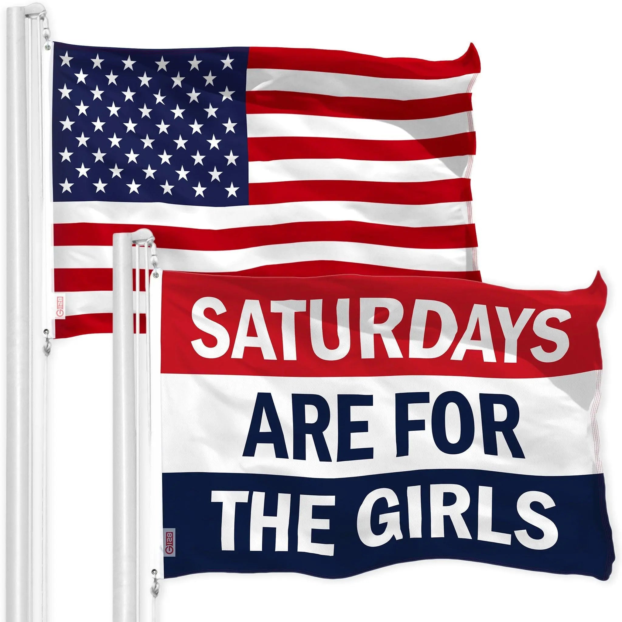 G128 Combo Pack: American USA Flag 3x5 Ft & Saturdays are for the Girls Flag 3x5 Ft | Both LiteWeave Pro Series Printed 150D Polyester, Brass Grommets G128