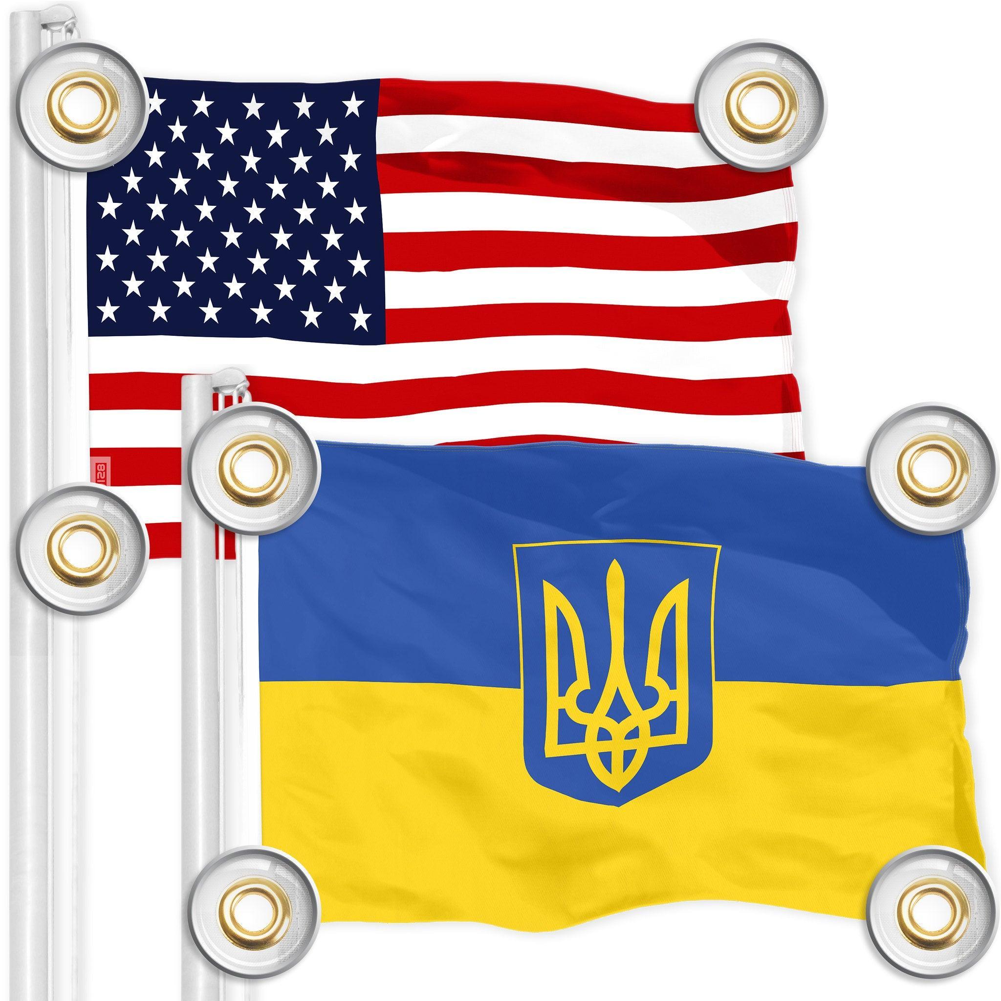 G128 Combo Pack: American USA Flag 3x5 Ft & Ukraine Ukrainian Coat of Arms Flag 3x5 Ft | Both LiteWeave Pro Series Printed 150D Polyester, 4 Corner Brass Grommets, Perfect For Balcony/Wall G128