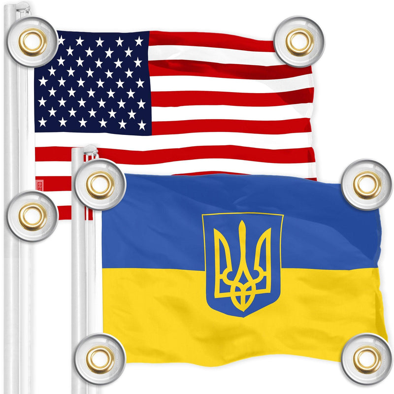 G128 Combo Pack: American USA Flag 3x5 Ft & Ukraine Ukrainian Coat of Arms Flag 3x5 Ft | Both LiteWeave Pro Series Printed 150D Polyester, 4 Corner Brass Grommets, Perfect For Balcony/Wall G128