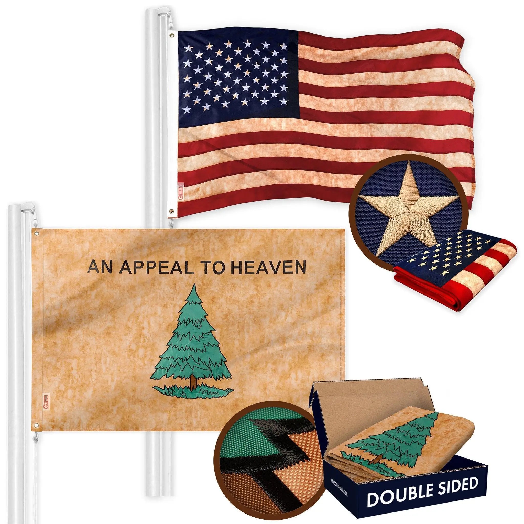 G128 Combo Pack: American USA Flag ToughWeave Series 3x5 Ft Single Sided & An Appeal to Heaven Tea-Stained Flag Double Sided 3x5 Ft Double ToughWeave Pro Series | Both Embroidered Poly, Brass Grommets G128
