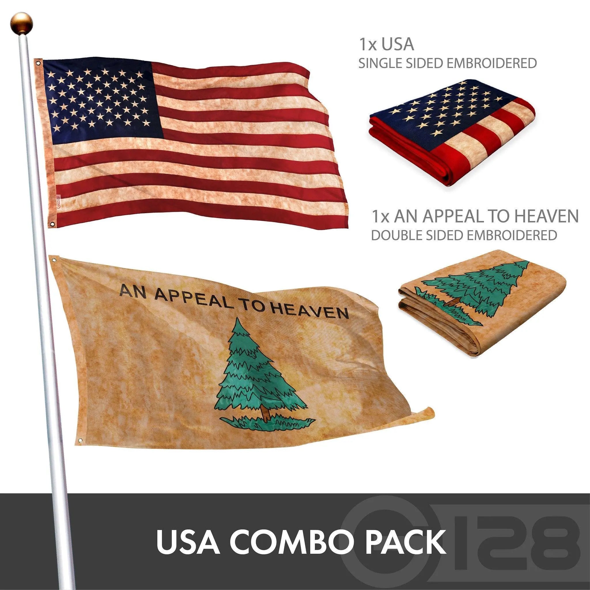 G128 Combo Pack: American USA Flag ToughWeave Series 3x5 Ft Single Sided & An Appeal to Heaven Tea-Stained Flag Double Sided 3x5 Ft Double ToughWeave Pro Series | Both Embroidered Poly, Brass Grommets G128