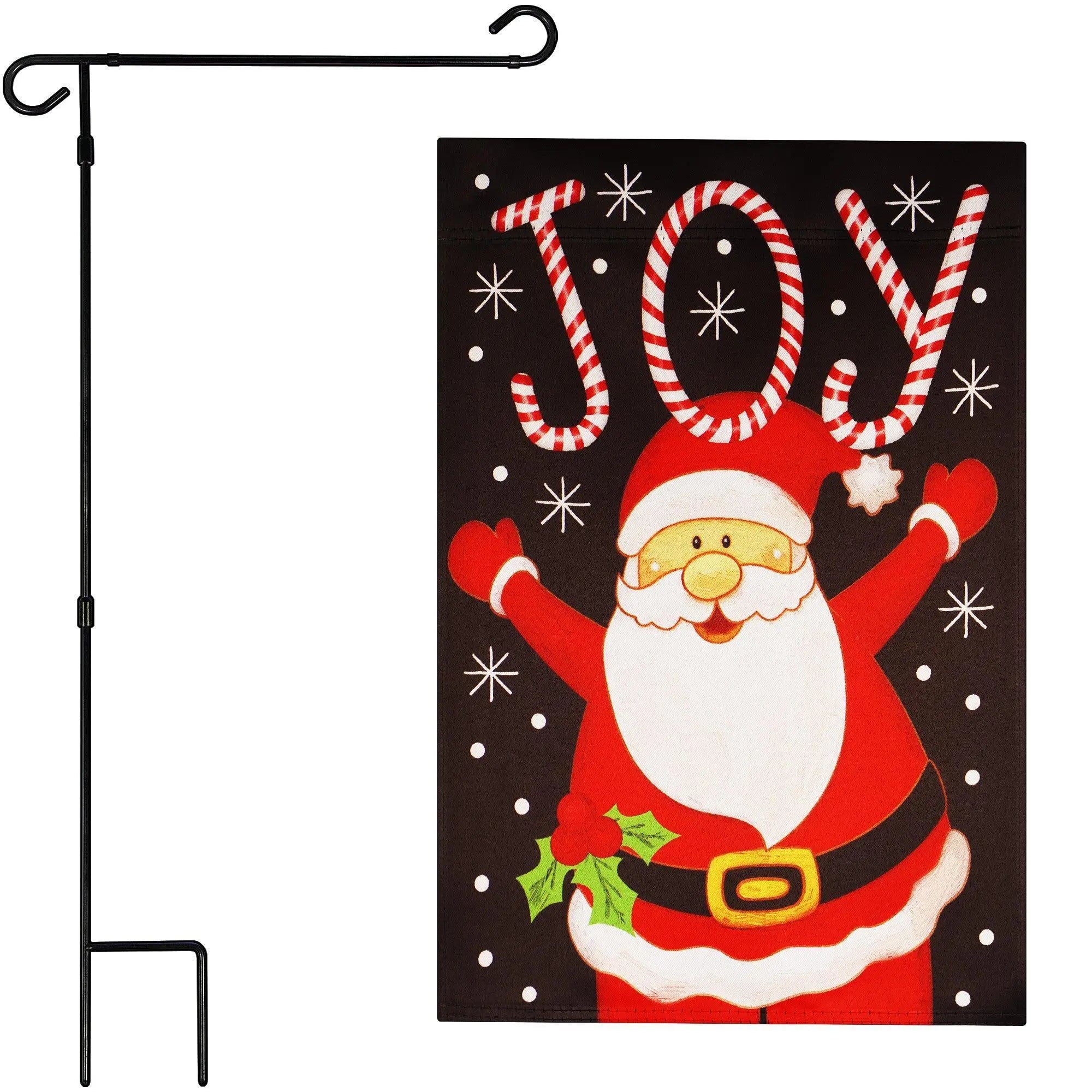 G128 Combo Pack: Garden Flag Stand Black 36 in x 16 in & Garden Flag Christmas Decoration Joyful Santa 12"x18" Double-Sided Blockout Fabric G128